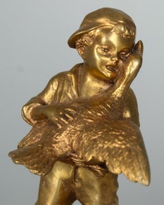 Rare Antique Bronze Inkwell By Joseph D´Aste (1881-1945), Young Boy and Goose