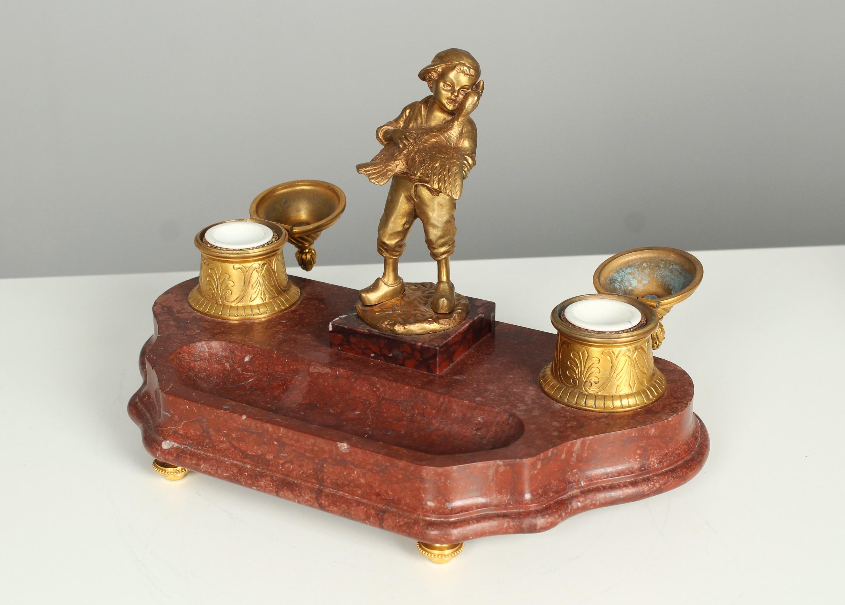 French Rare Antique Bronze Inkwell By Joseph D´Aste (1881-1945), Young Boy and Goose For Sale