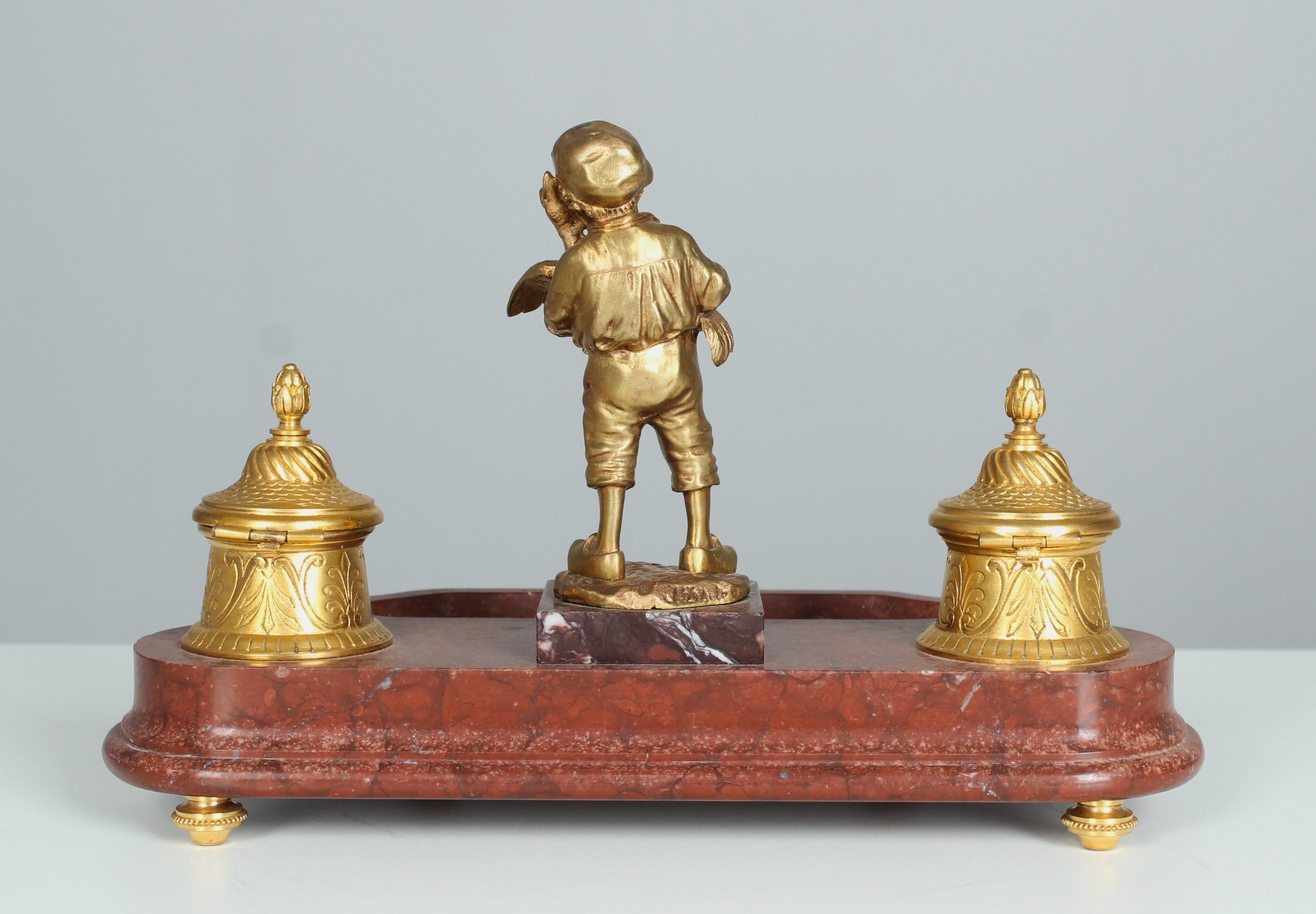 Rare Antique Bronze Inkwell By Joseph D´Aste (1881-1945), Young Boy and Goose For Sale 1