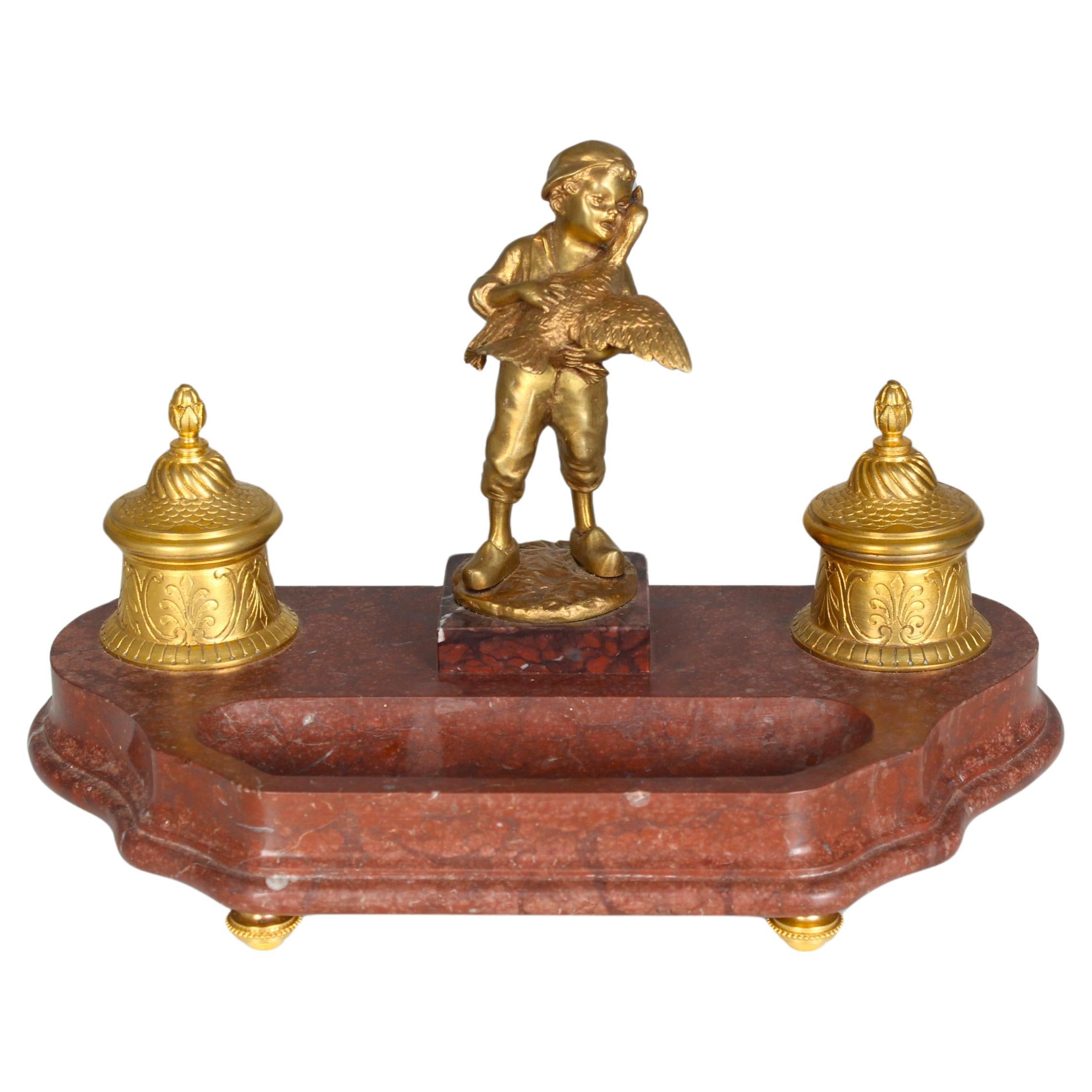 Rare Antique Bronze Inkwell By Joseph D´Aste (1881-1945), Young Boy and Goose For Sale