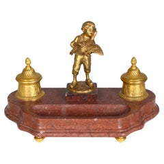 Rare Antique Bronze Inkwell By Joseph D´Aste (1881-1945), Young Boy and Goose