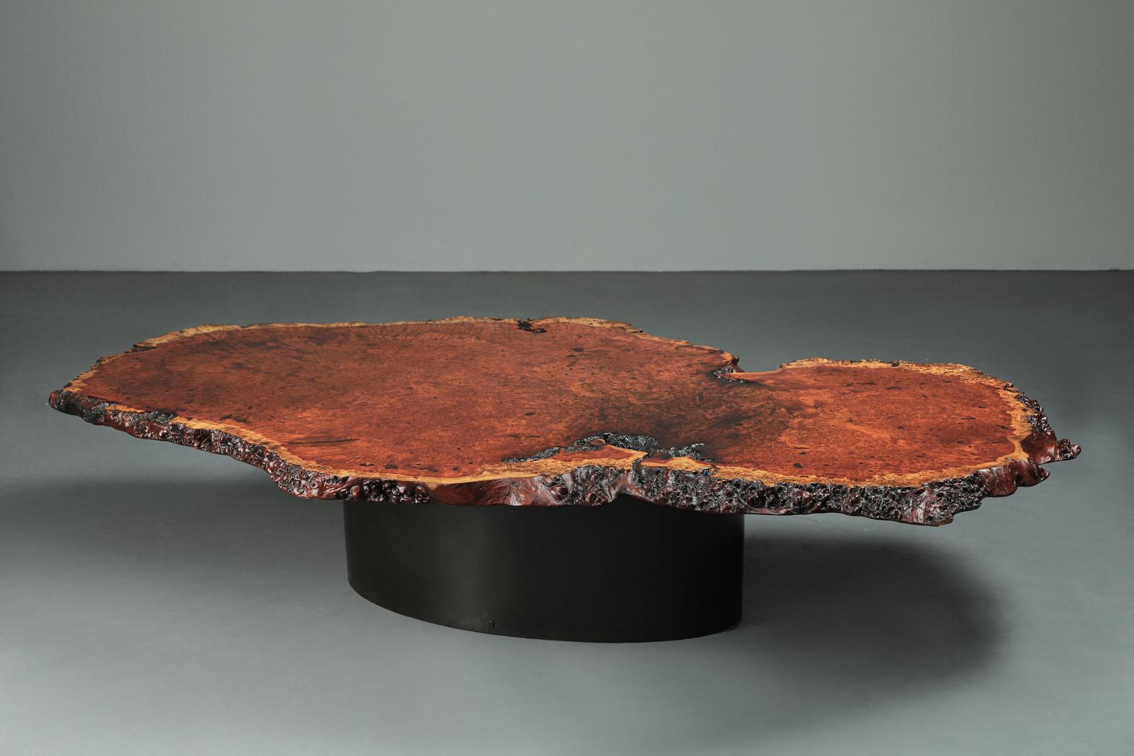 19th century burlwood tea ceremony table top from Kyoto with exceptional burl and live-edges, raised on custom cast bronze elliptical base. The wood is a single unique piece without any cutting. It would have been selected in Japan decades ago as an