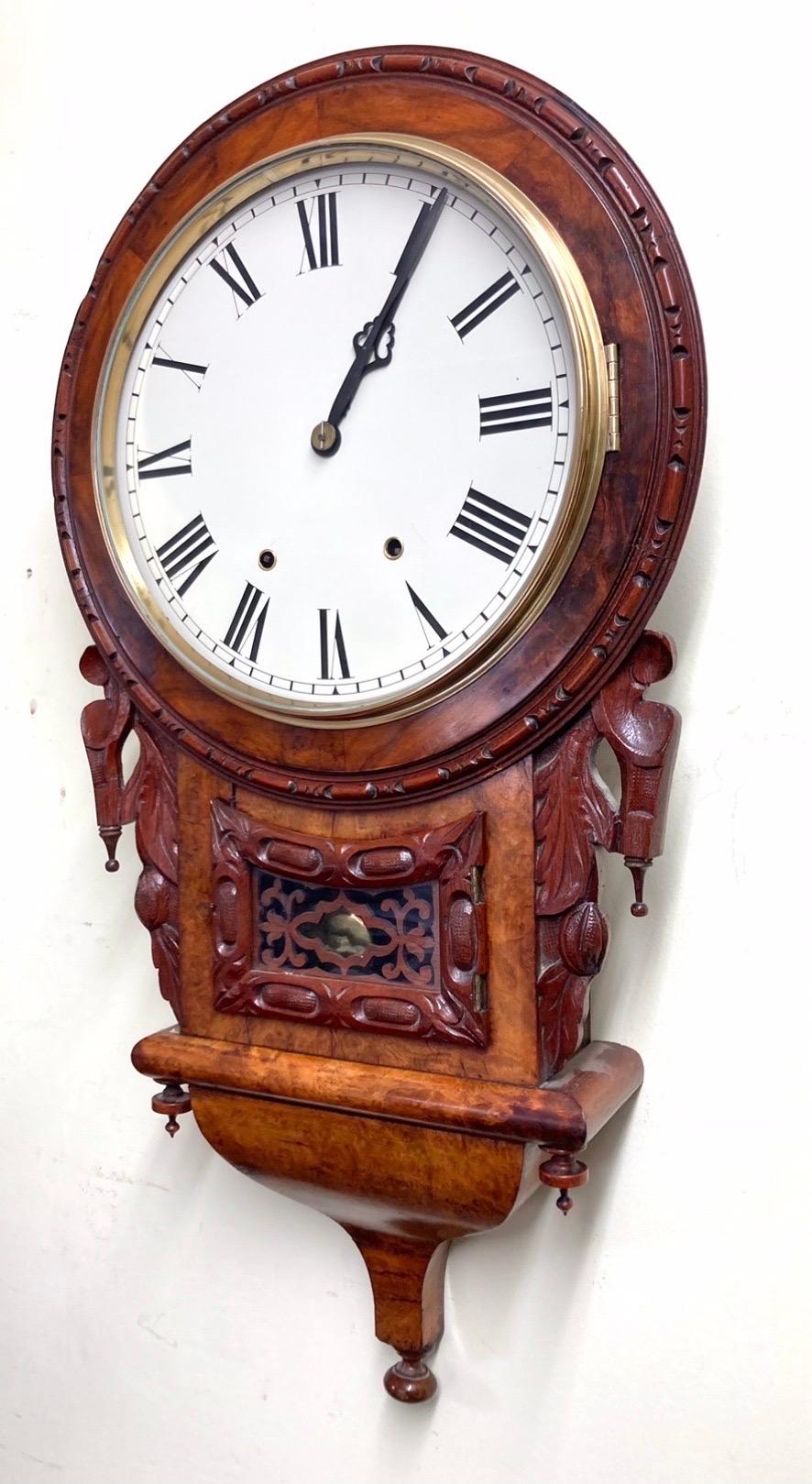 Victorian Rare Antique Burr Walnut Drop Dial Wall Clock