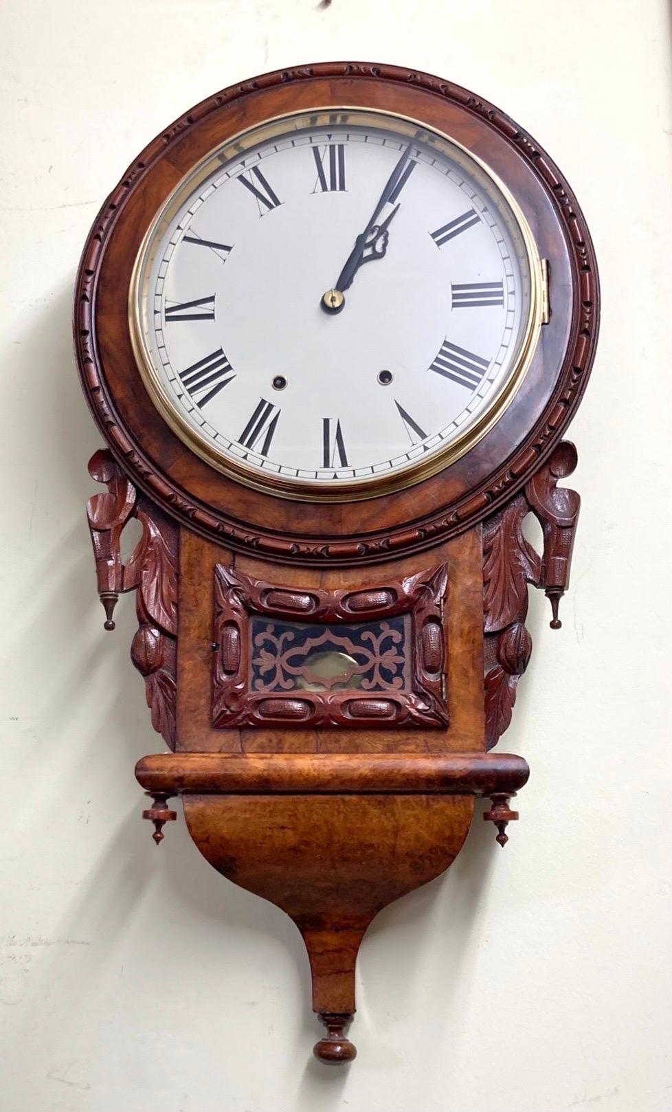 Rare Antique Burr Walnut Drop Dial Wall Clock In Good Condition In Antrim, GB