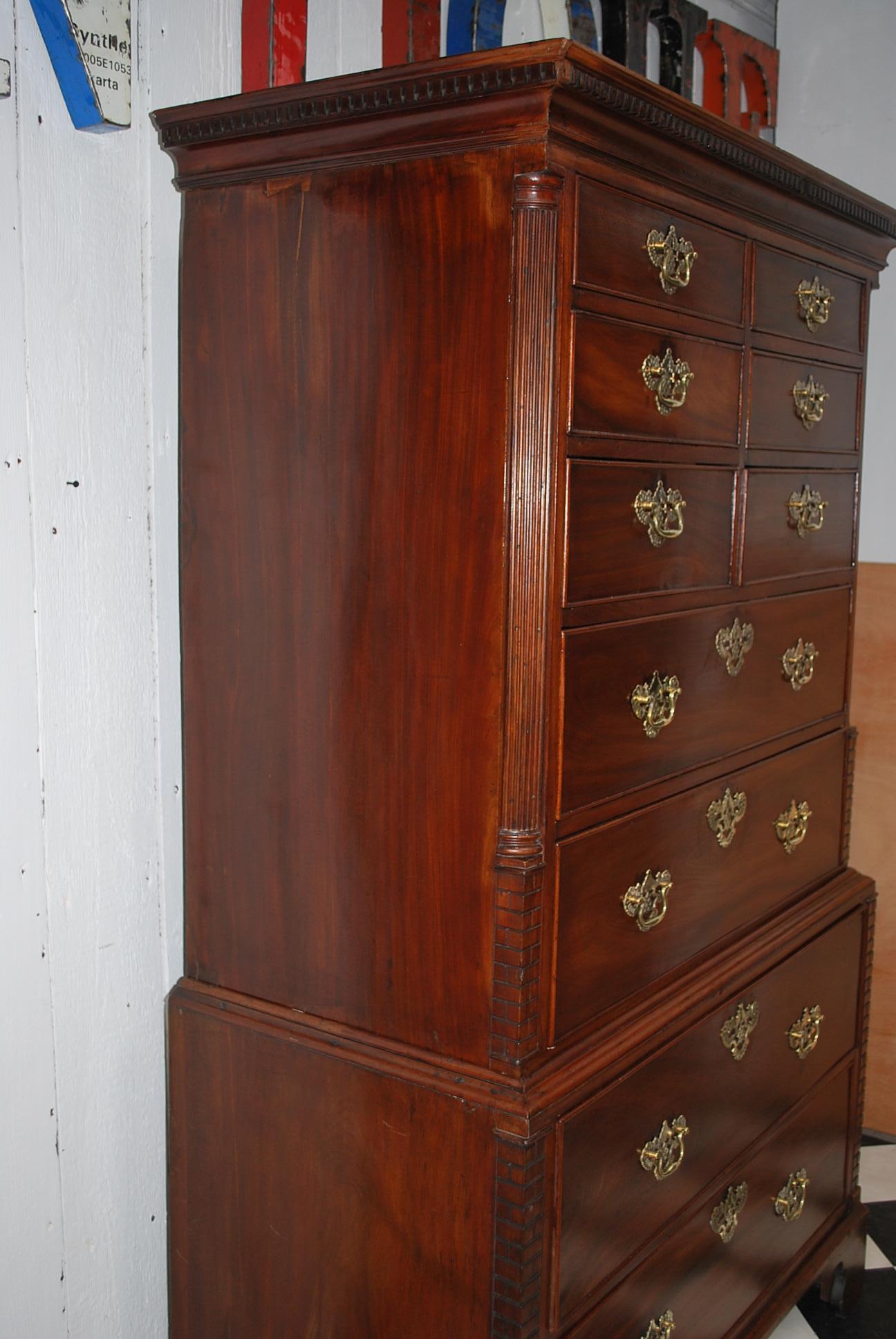 Rare antique C 18th English mahogany Chippendale Period Tallboy /Chest on Chest For Sale 1