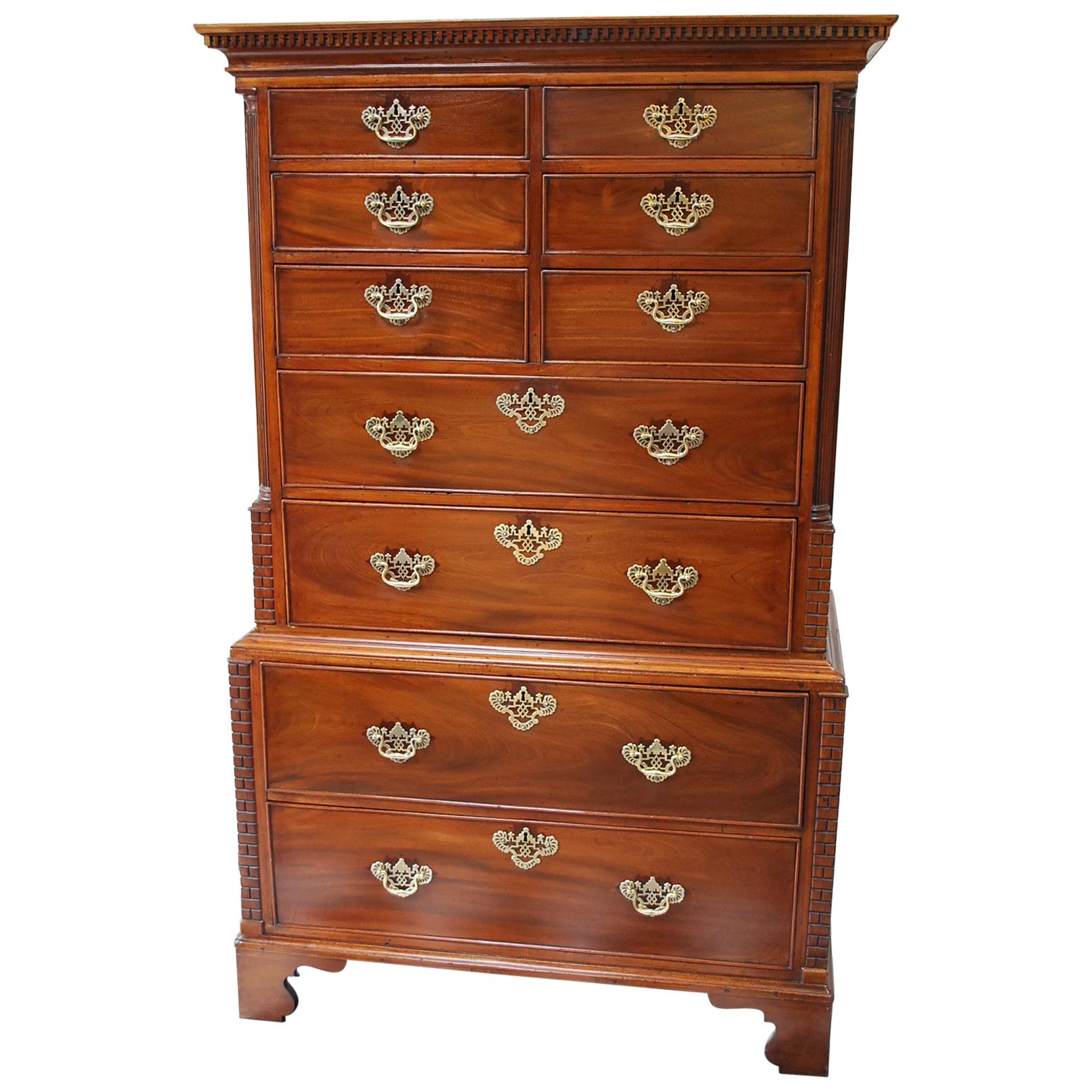 Rare antique C 18th English mahogany Chippendale Period Tallboy /Chest on Chest For Sale