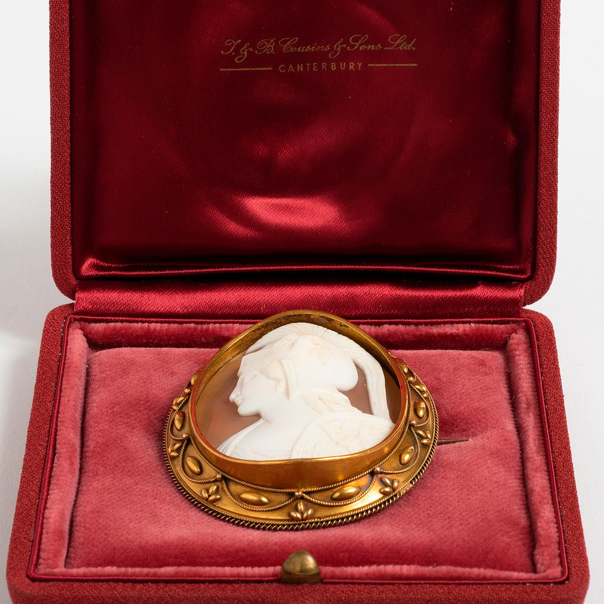 Our extremely rare and attractive antique cameo broach is made of shell and porcelain and set in 18k gold with a safety clasp to ensure it is securely fastened. Unusual, featuring a Roman head, this is a breathtaking cameo, in wonderful condition