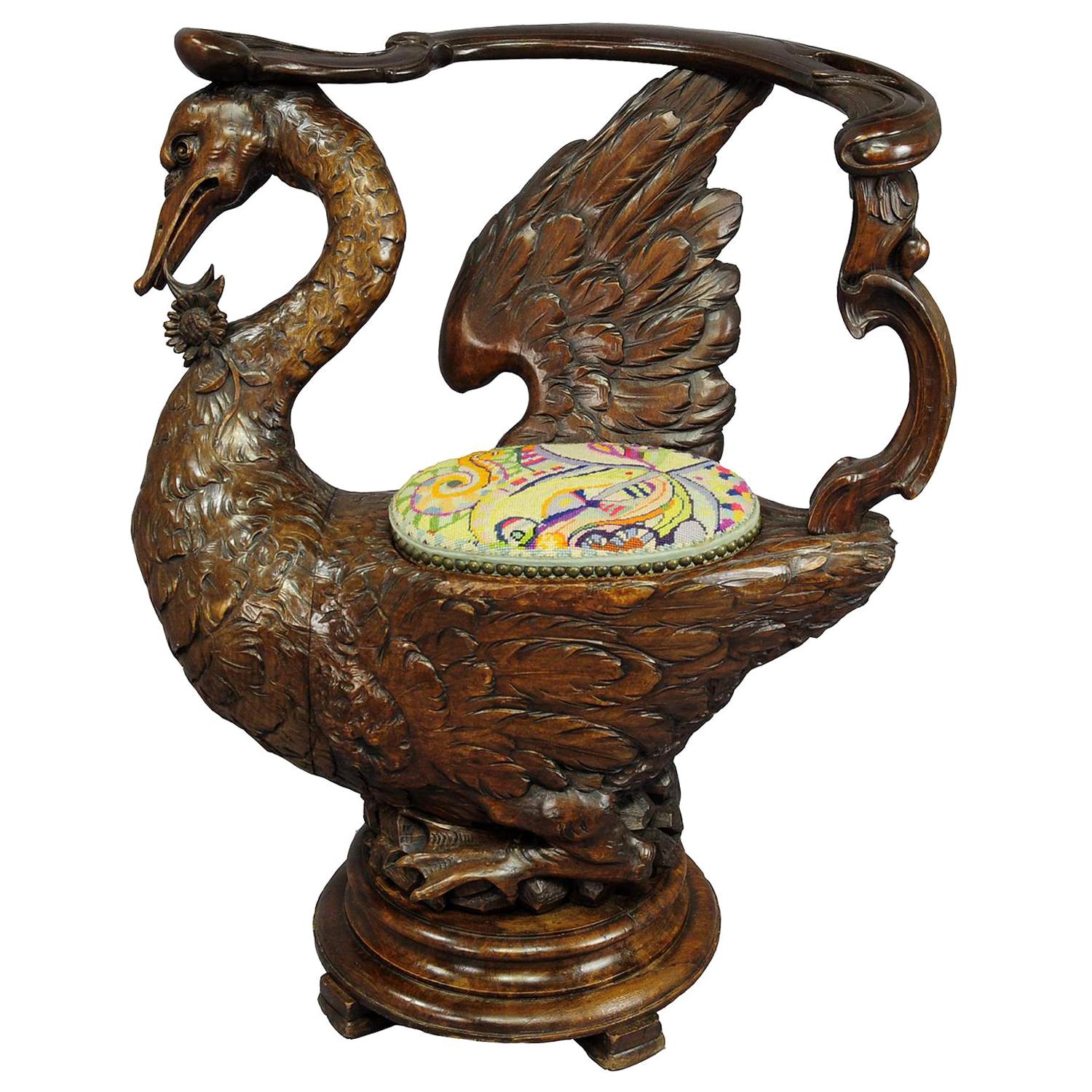 Rare Antique Carved Wood Dressing Chair with Swan, circa 1880 at