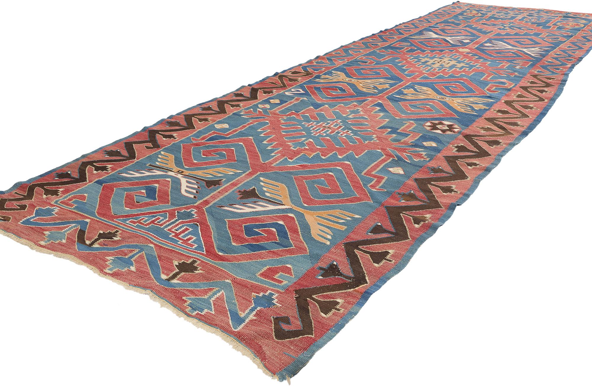 78945 Late 19th Century Antique Caucasian Avar Kilim Rug, 04'00 x 13'09. A singular expression of tribal elegance and enduring heritage, this handwoven wool Caucasian Avar Kilim from the late 19th century is a rare and extraordinary masterpiece,