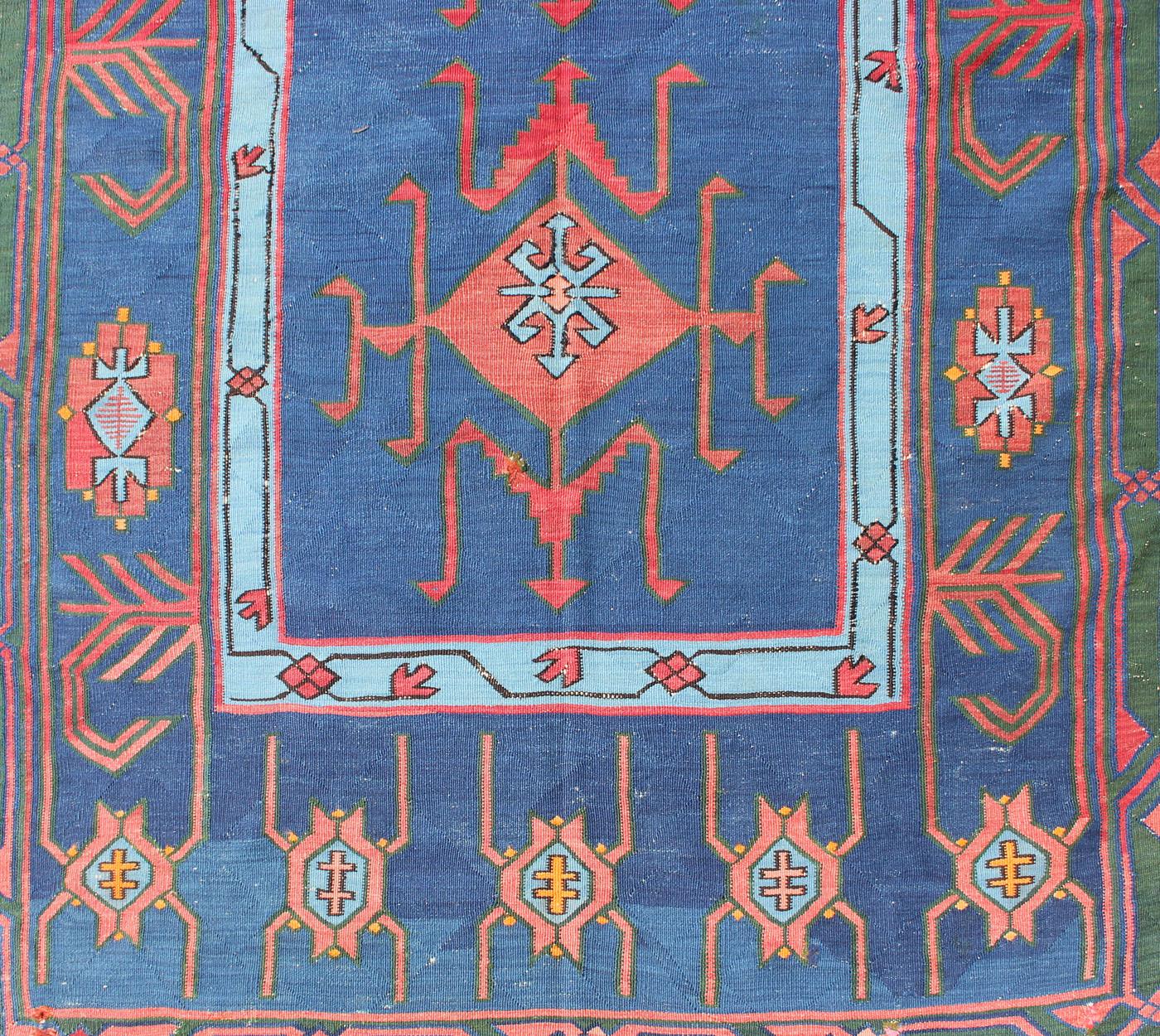 Rare antique Caucasian Avar flat-weave Gallery runner in blue Colors For Sale 3