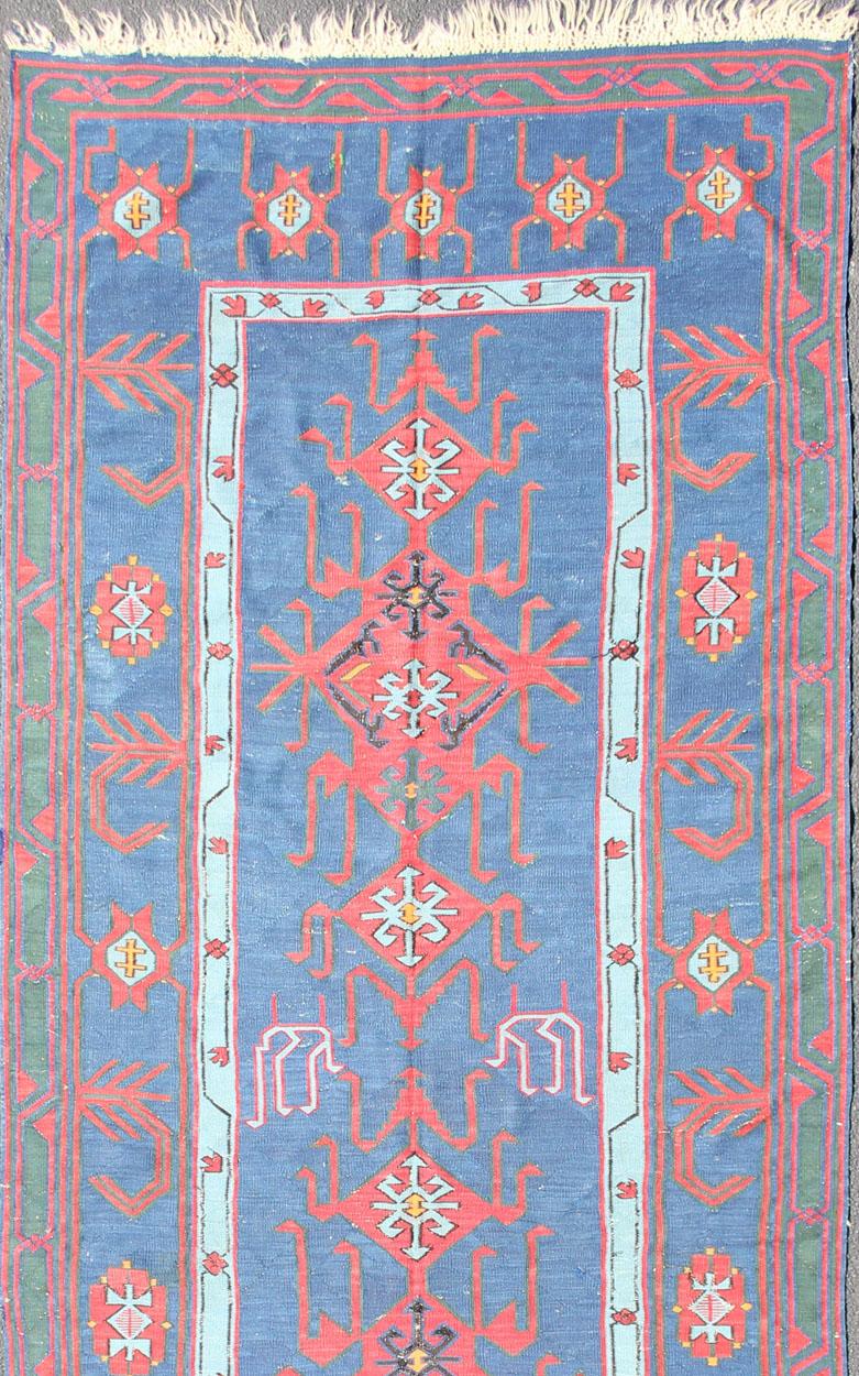 Kilim Rare antique Caucasian Avar flat-weave Gallery runner in blue Colors For Sale