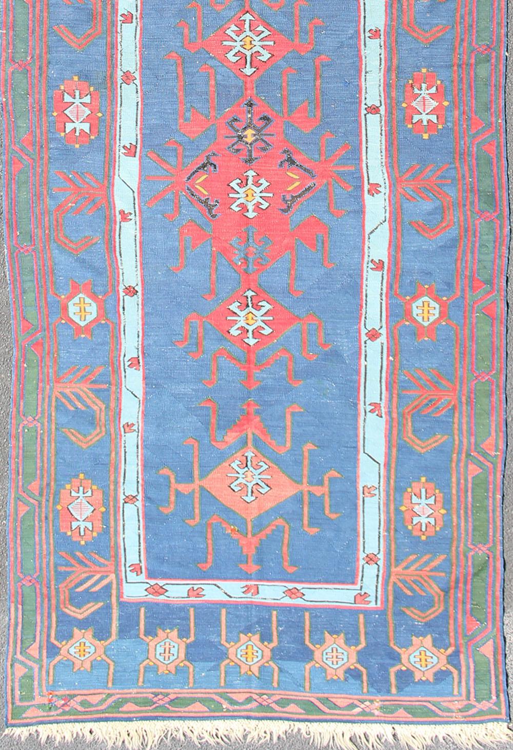 Hand-Woven Rare antique Caucasian Avar flat-weave Gallery runner in blue Colors For Sale