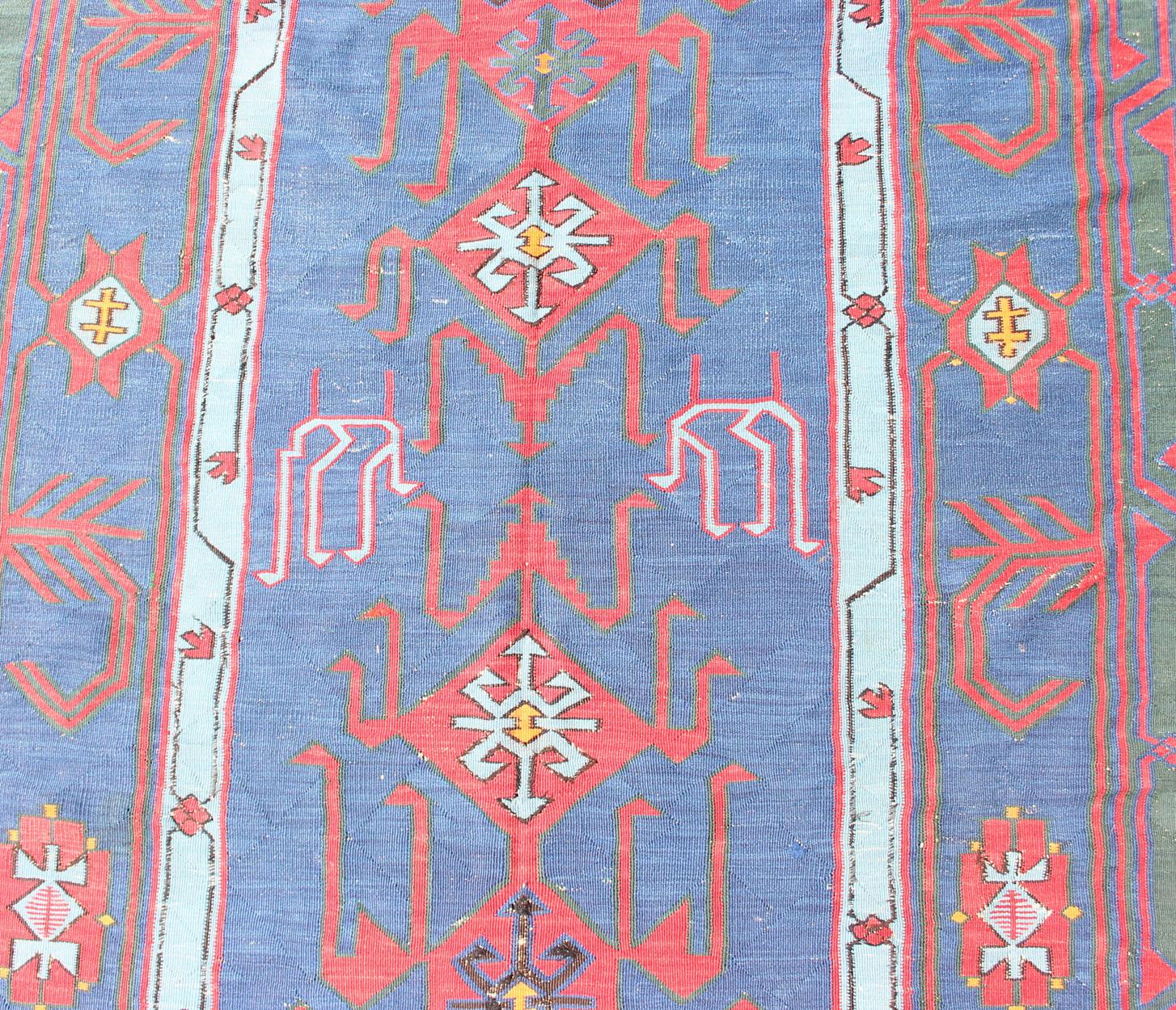 Rare antique Caucasian Avar flat-weave Gallery runner in blue Colors For Sale 1