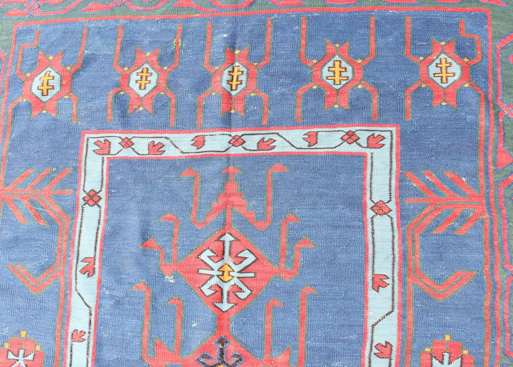 Rare antique Caucasian Avar flat-weave Gallery runner in blue Colors For Sale 2