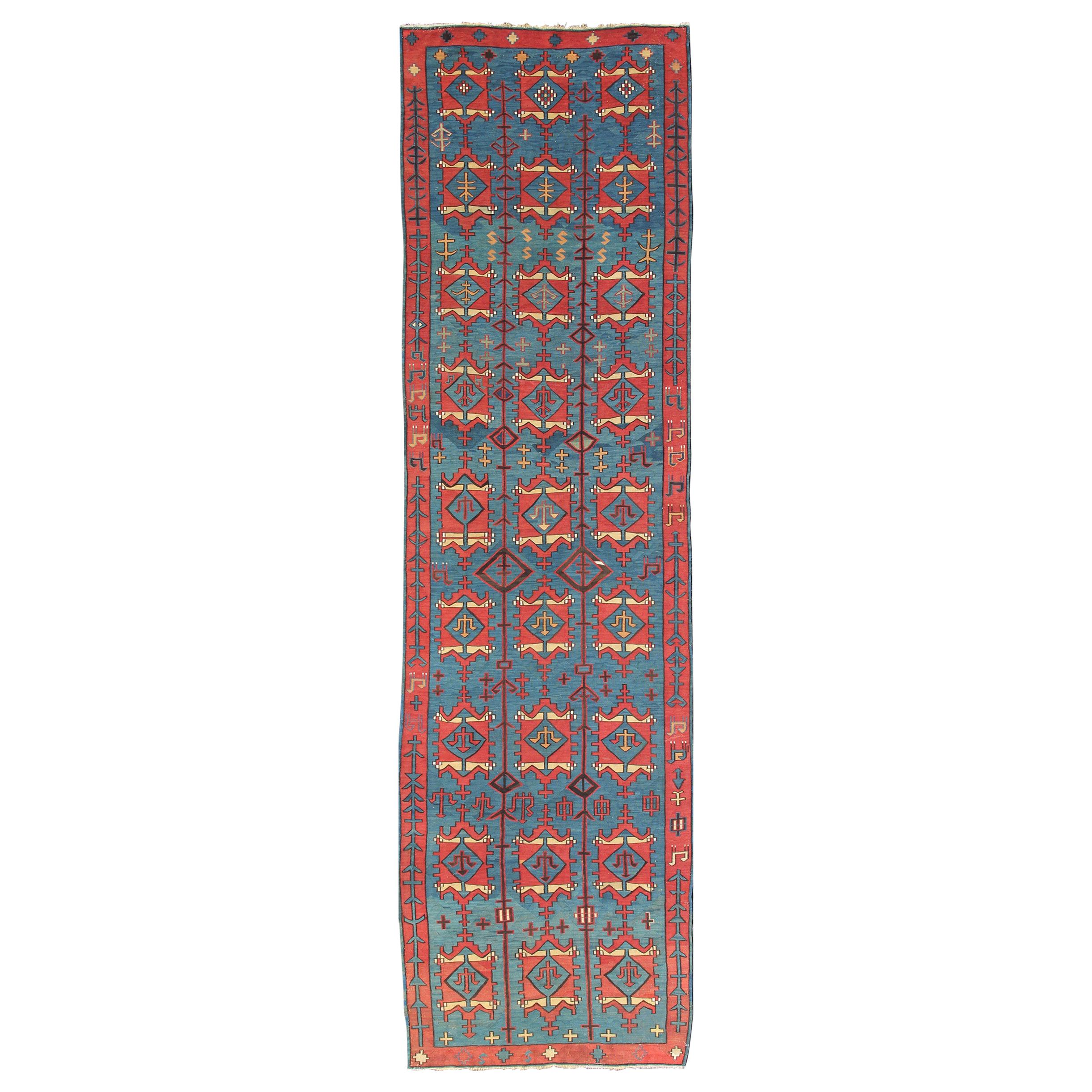 Rare Antique Caucasian Avar Tribal Flat-Weave Gallery Size in Blue and Red