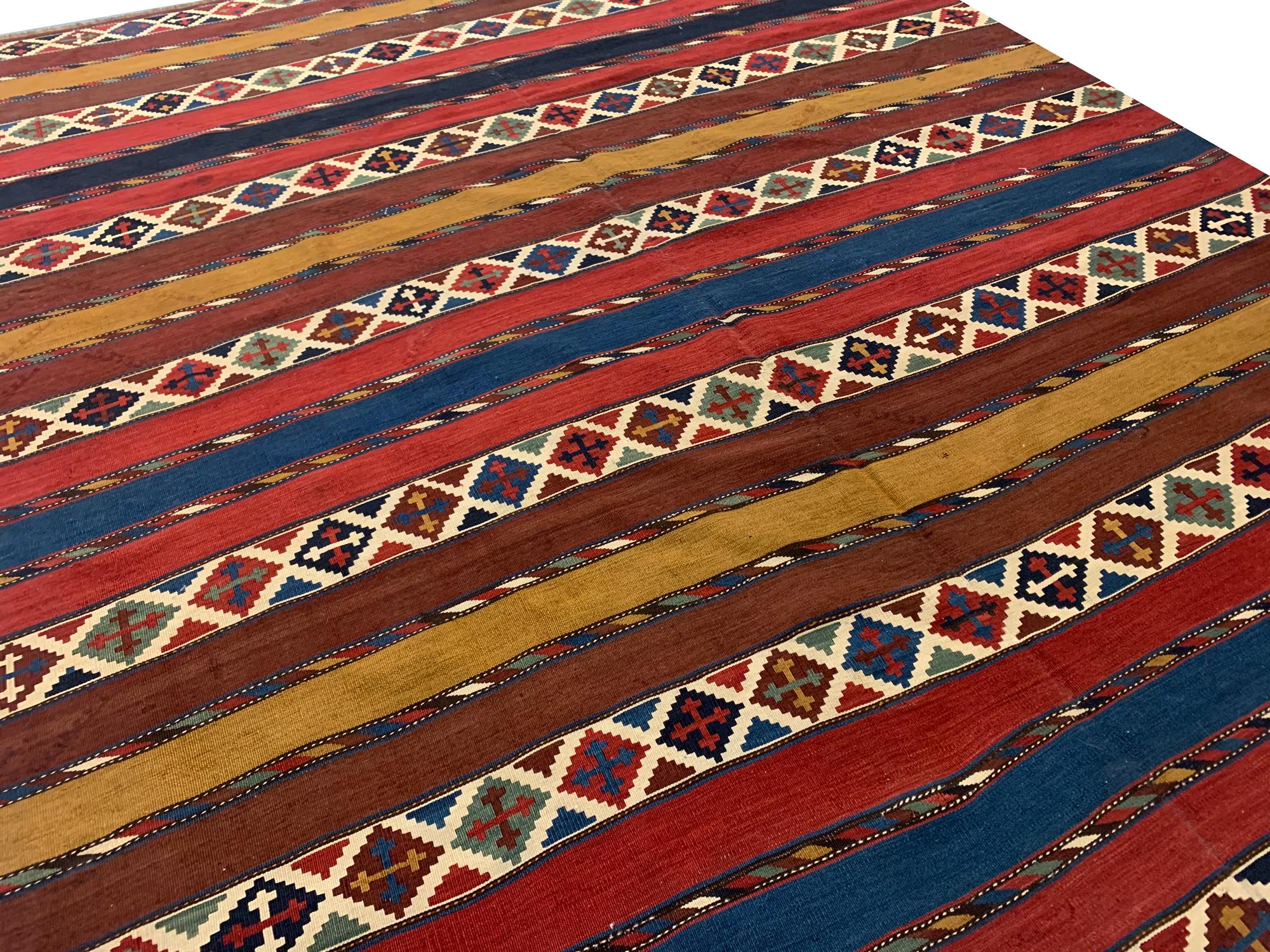 Tribal Rare Antique Caucasian Kilim Rug, Striped Kilim Traditional Wool Carpet