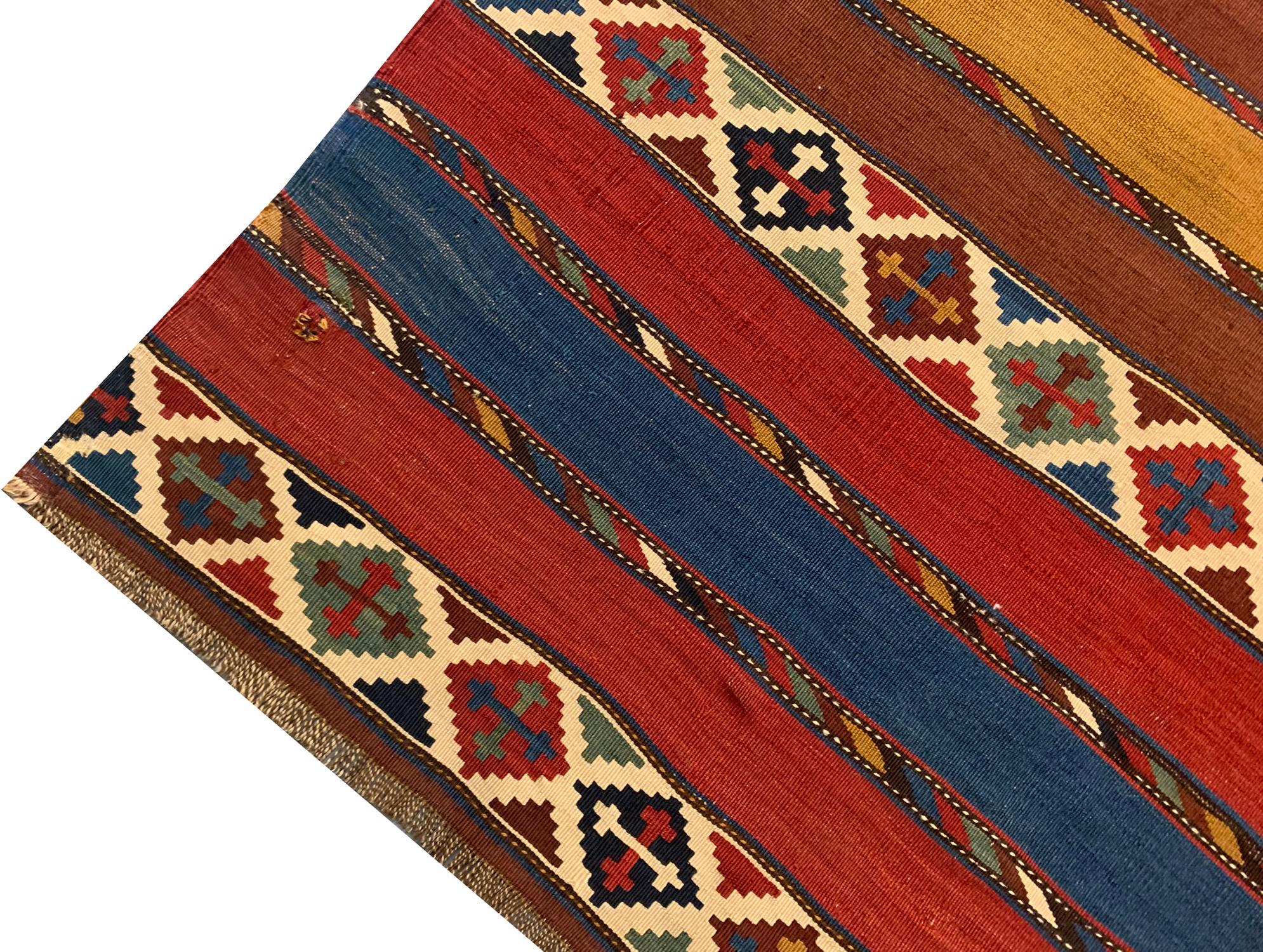 Hand-Crafted Rare Antique Caucasian Kilim Rug, Striped Kilim Traditional Wool Carpet