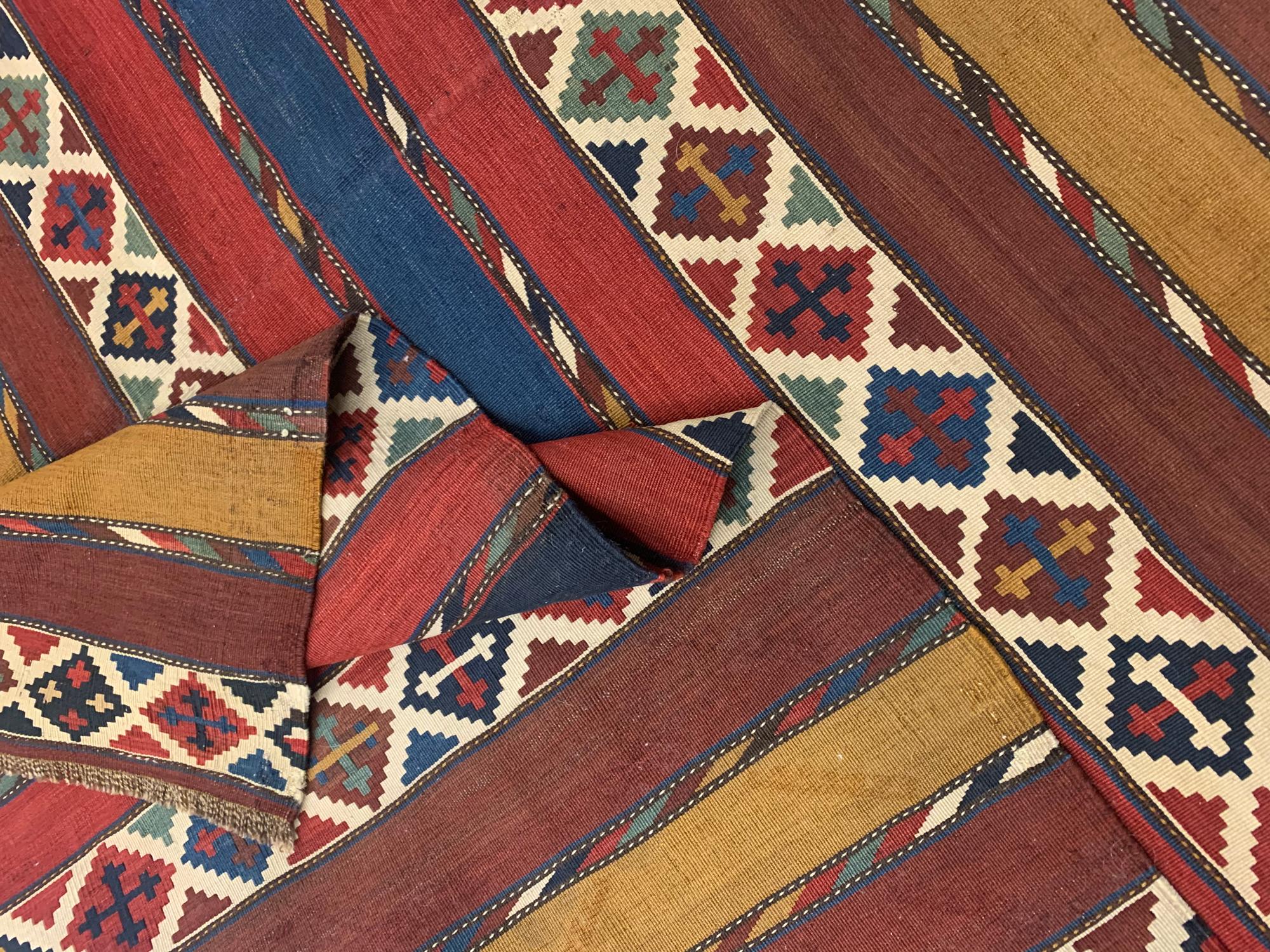 Cotton Rare Antique Caucasian Kilim Rug, Striped Kilim Traditional Wool Carpet