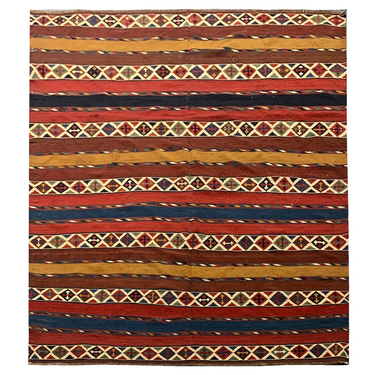 Rare Antique Caucasian Kilim Rug, Striped Kilim Traditional Wool Carpet