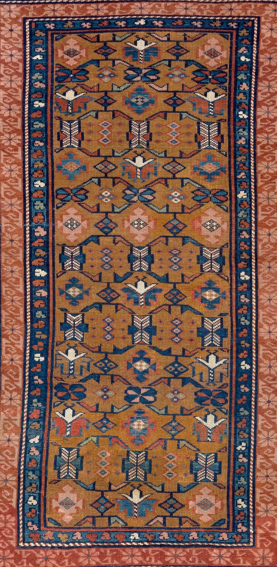 Hand-Knotted Rare Antique Caucasian Seichur Rug with Dark Yellow Ground & Rare Triple Border For Sale