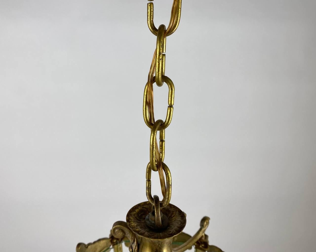 Rare Antique Ceiling Lantern in Gilt Bronze with Glass Panels, 1930s For Sale 5