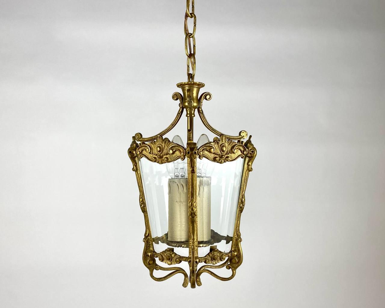 Rare Antique Ceiling Lantern in Gilt Bronze with Glass Panels, 1930s For Sale 6