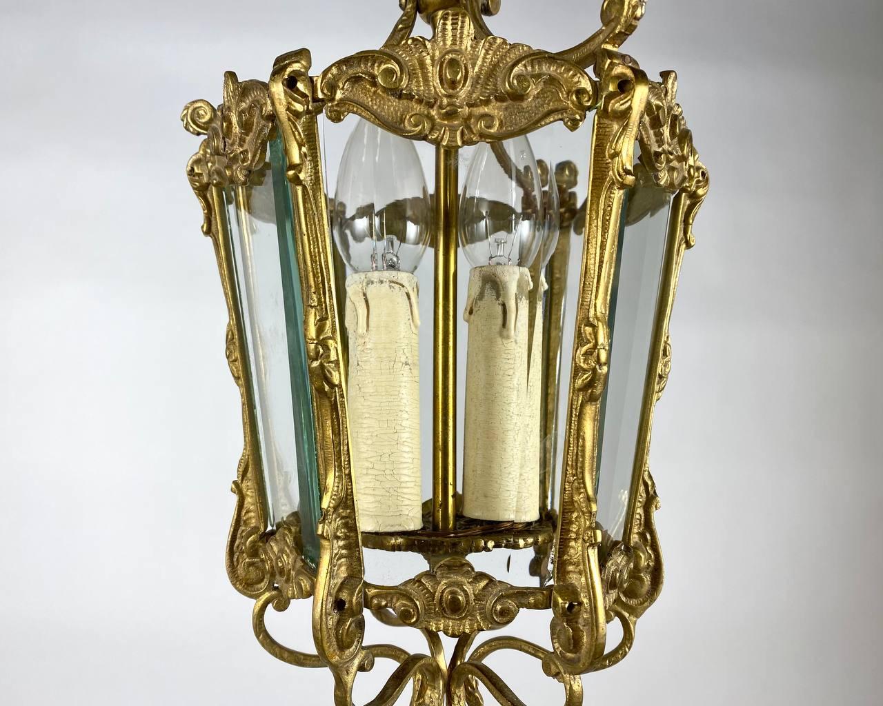 Baroque Rare Antique Ceiling Lantern in Gilt Bronze with Glass Panels, 1930s For Sale