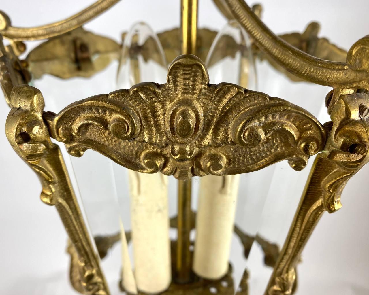 Early 20th Century Rare Antique Ceiling Lantern in Gilt Bronze with Glass Panels, 1930s For Sale