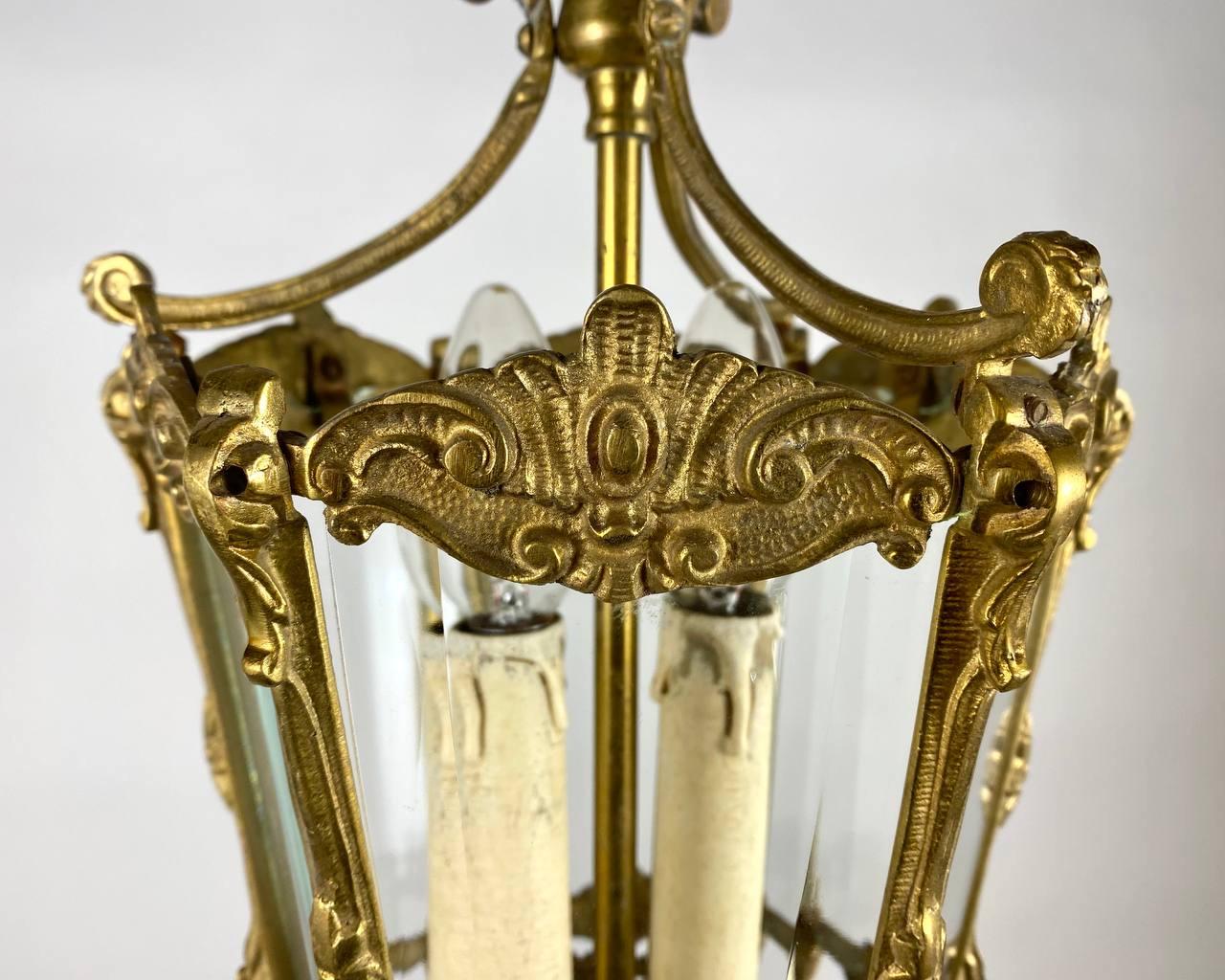 Rare Antique Ceiling Lantern in Gilt Bronze with Glass Panels, 1930s For Sale 1
