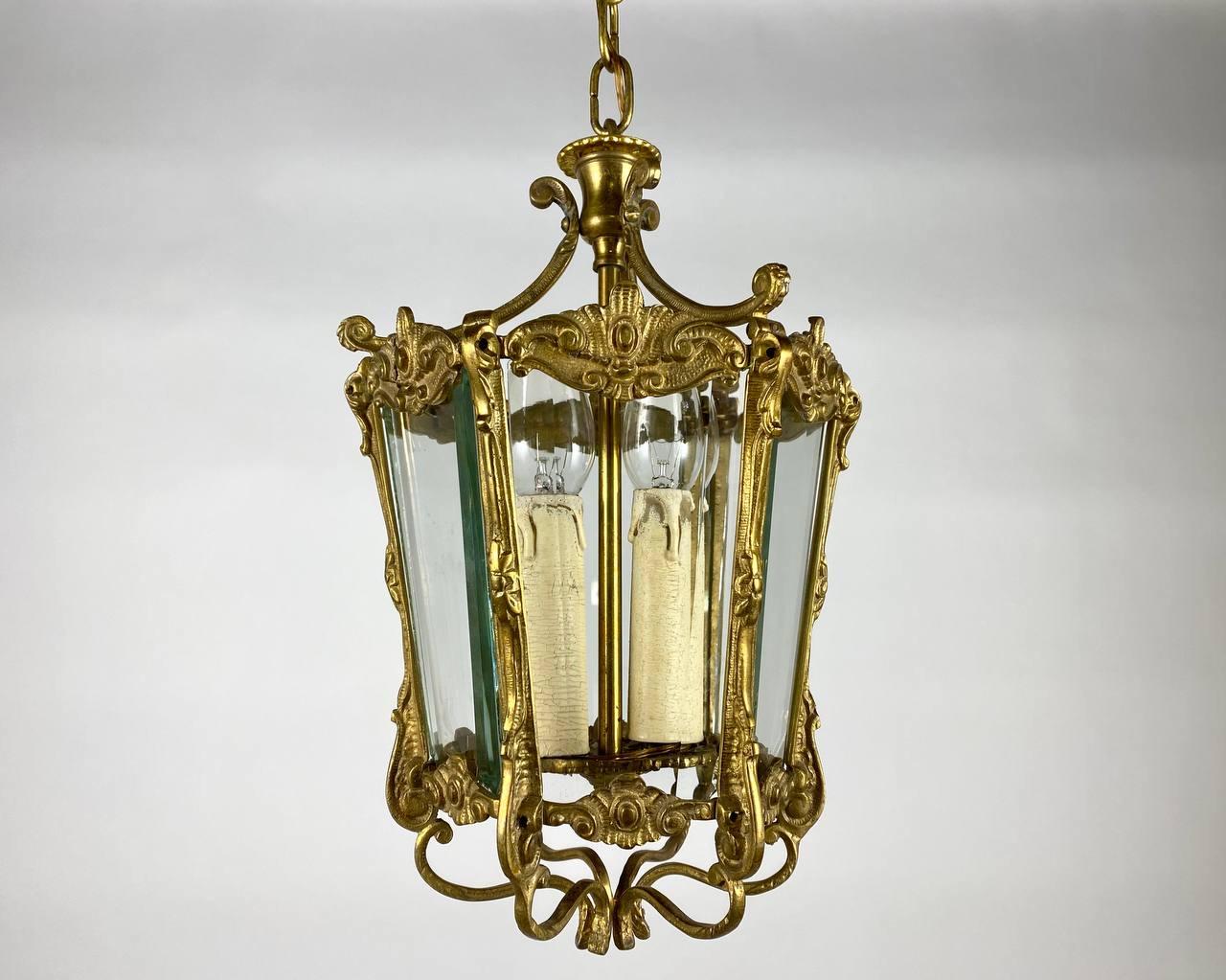 Rare Antique Ceiling Lantern in Gilt Bronze with Glass Panels, 1930s For Sale 2