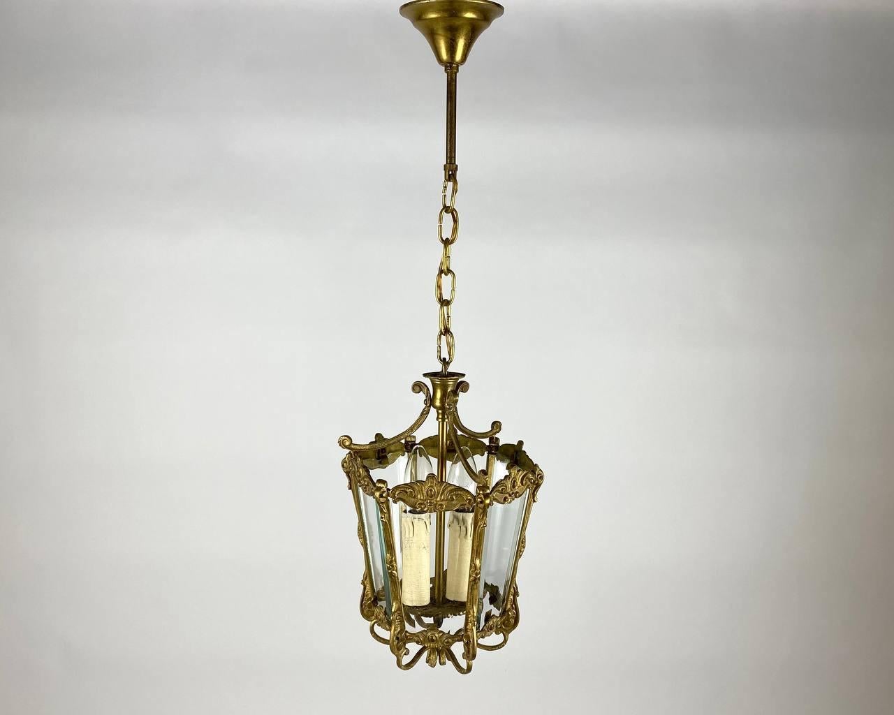 Rare Antique Ceiling Lantern in Gilt Bronze with Glass Panels, 1930s For Sale 3