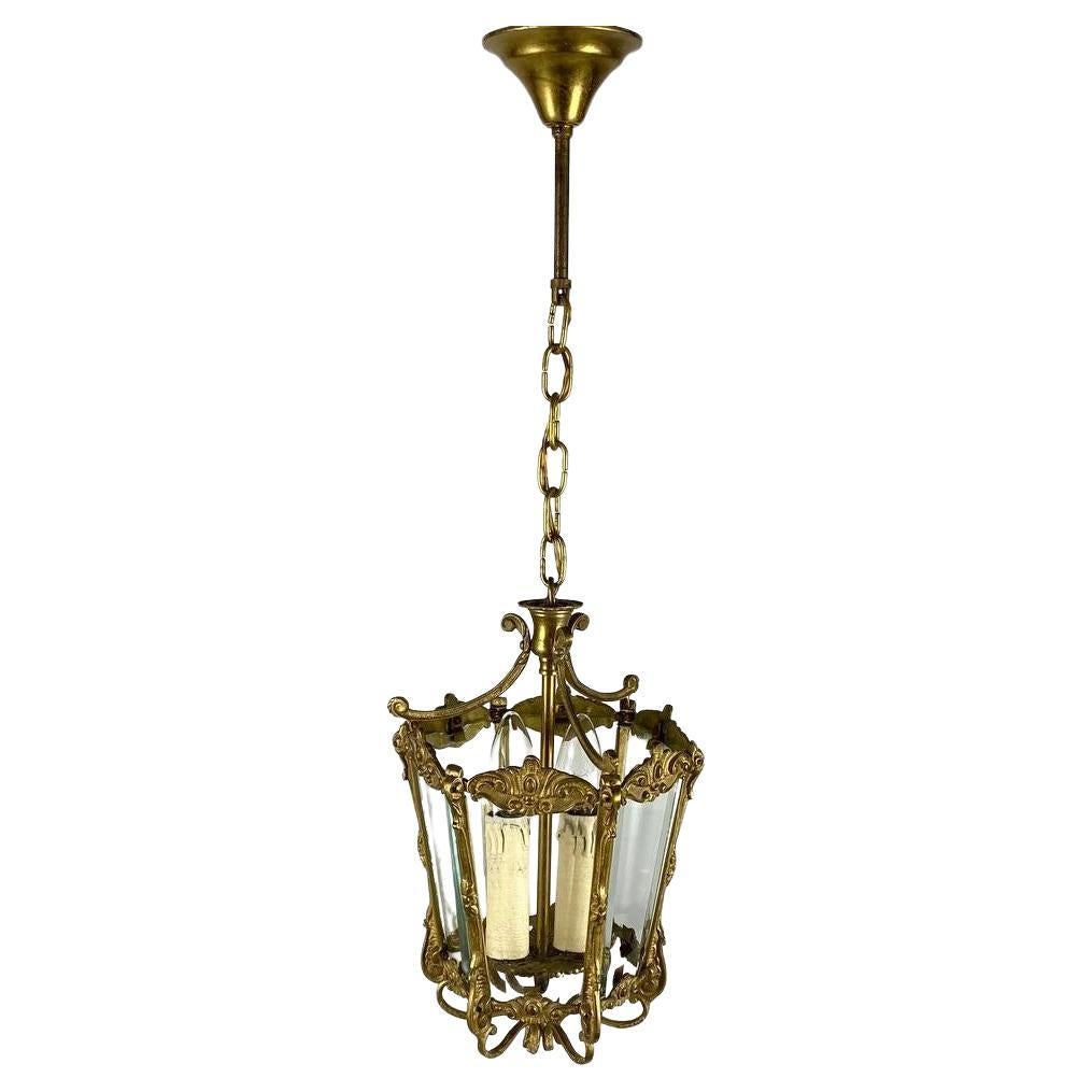Rare Antique Ceiling Lantern in Gilt Bronze with Glass Panels, 1930s