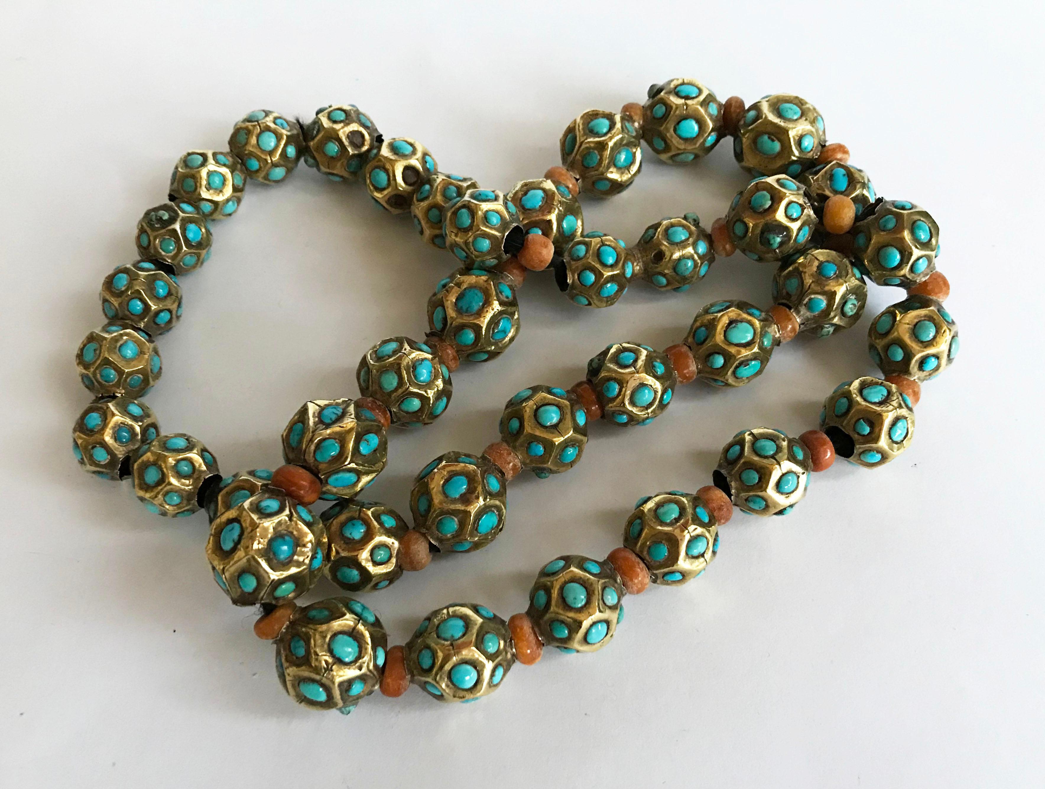 Hand-Crafted Rare Antique Central Asian Faceted Silver Gilt Turquoise Necklace Jewelry Gifts