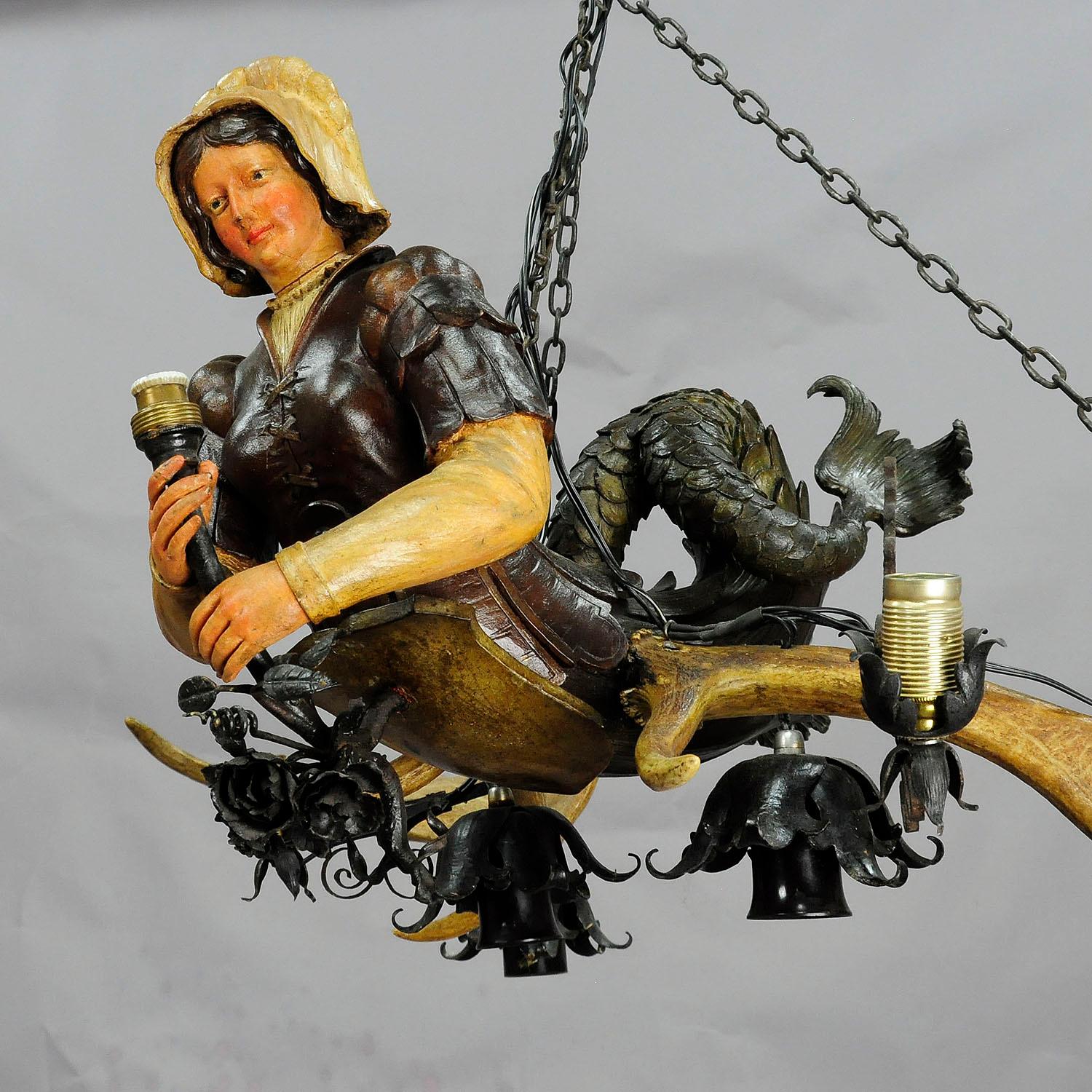 German Rare Antique Chandelier with Lüsterweibchen of a Victorian Meermaid