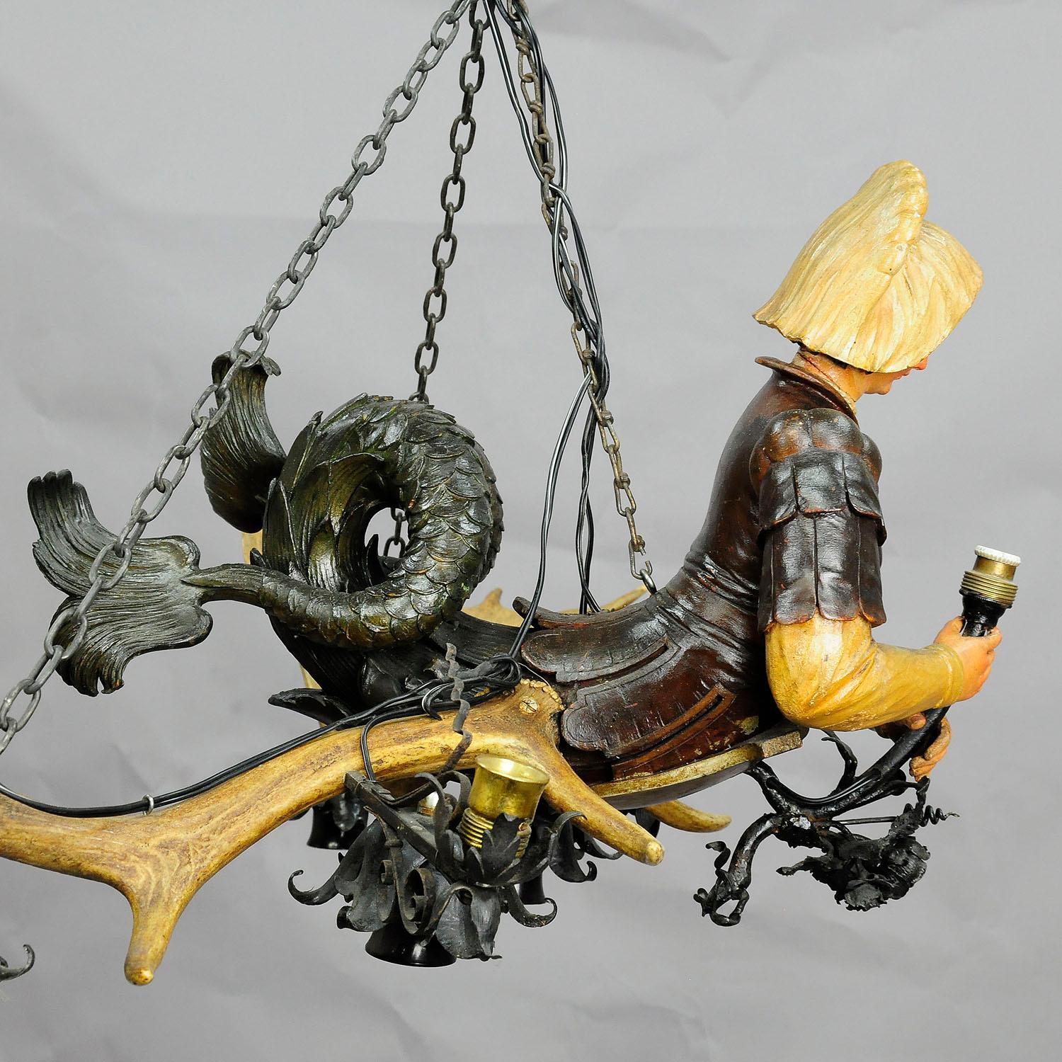 Wood Rare Antique Chandelier with Lüsterweibchen of a Victorian Meermaid