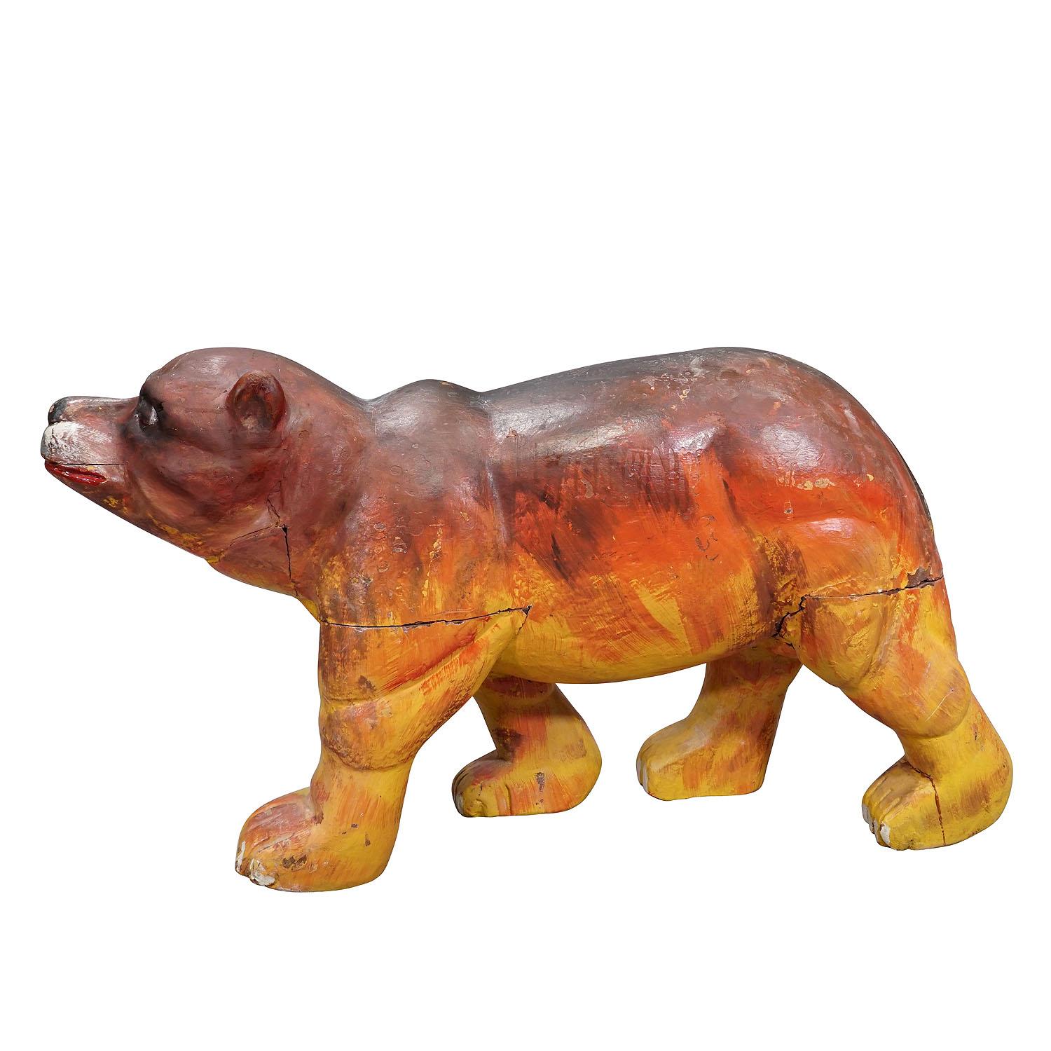 Rare Antique Children Carousel Bear, Germany early 20th Century
Item e7299
A wooden carved children's carousel bear decorated with polychrome colors, made in Germany around 1920. Original unrestored condition, partially repainted, traces of use