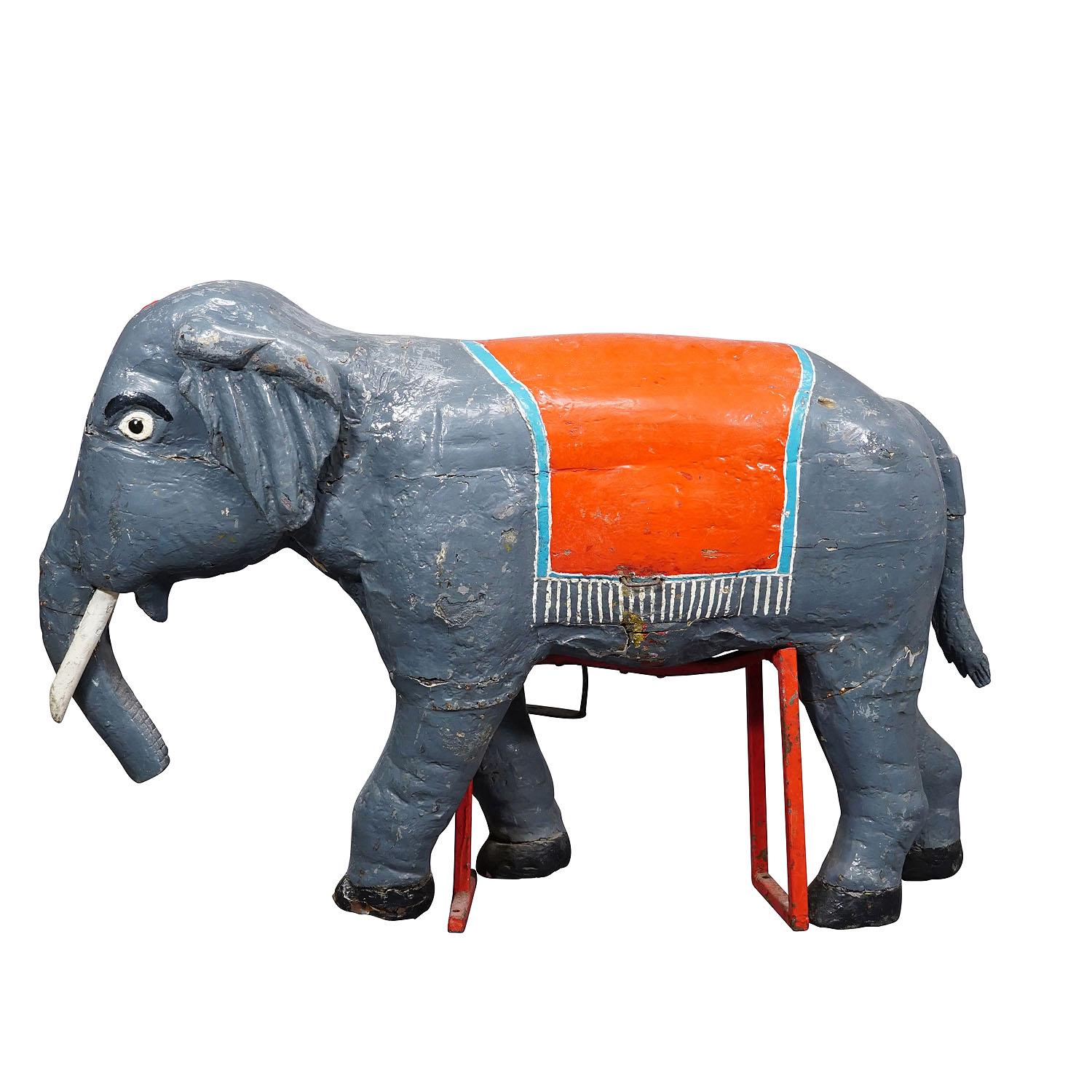 Rare Antique Children Carousel Elefant, Germany early 20th Century
Item e7297
A wooden carved children's carousel elephant with polychrome painting, made in Germany around 1910. Unrestored original condition, partially repainted, signs of wear