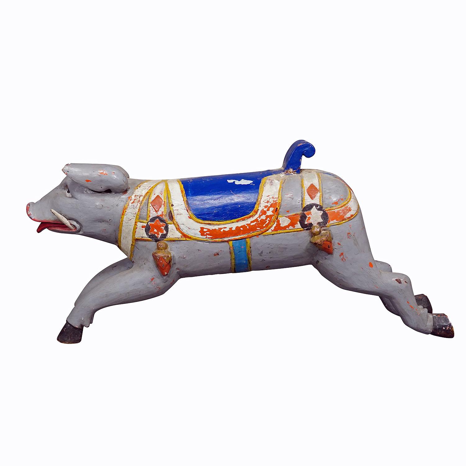 Rare Antique Children Carousel Pig, Germany ca. 1920s
Item e7291
A wooden carved children's carousel pig with polychrome painting, made in Germany around 1920. Original unrestored condition, partially repainted, traces of use according to the old