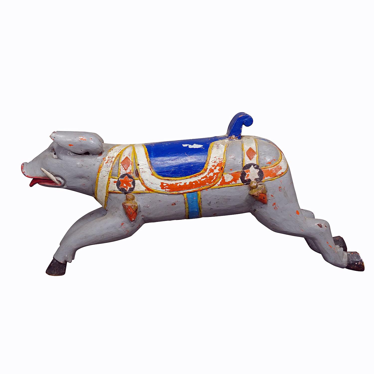 Rare Antique Children Carousel Pig, Germany ca. 1920s

A wooden carved children's carousel pig with polychrome painting, made in Germany around 1920. Original unrestored condition, partially repainted, traces of use according to the old age, some
