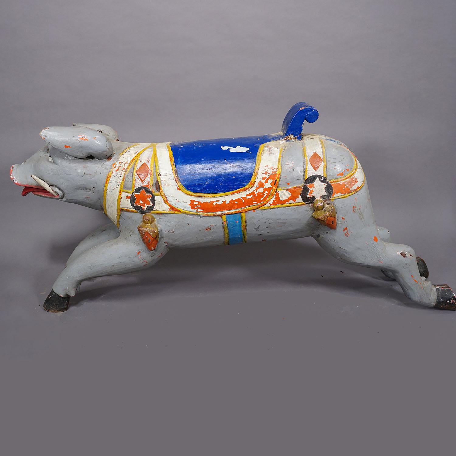 Hand-Carved Rare Antique Children Carousel Pig, Germany ca. 1920s For Sale