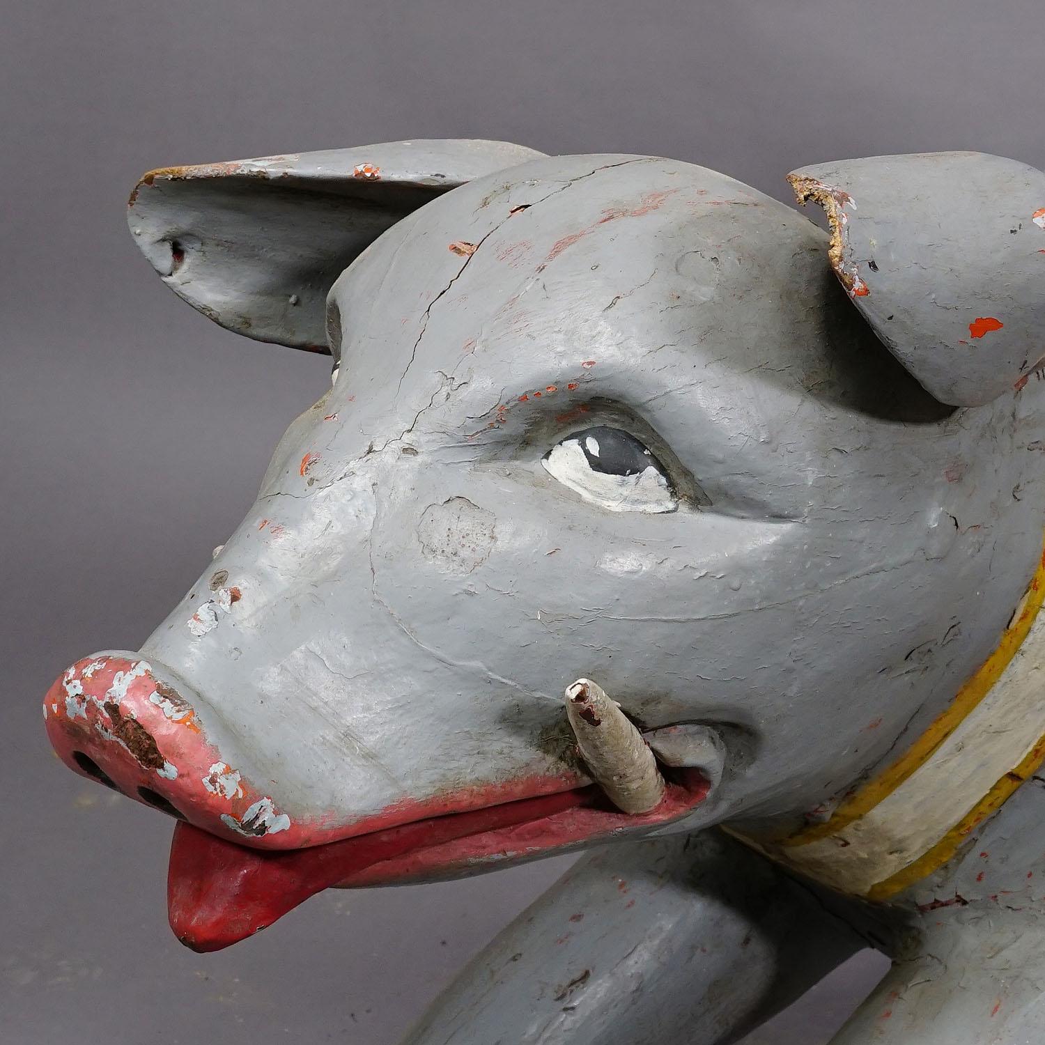 Wood Rare Antique Children Carousel Pig, Germany ca. 1920s For Sale