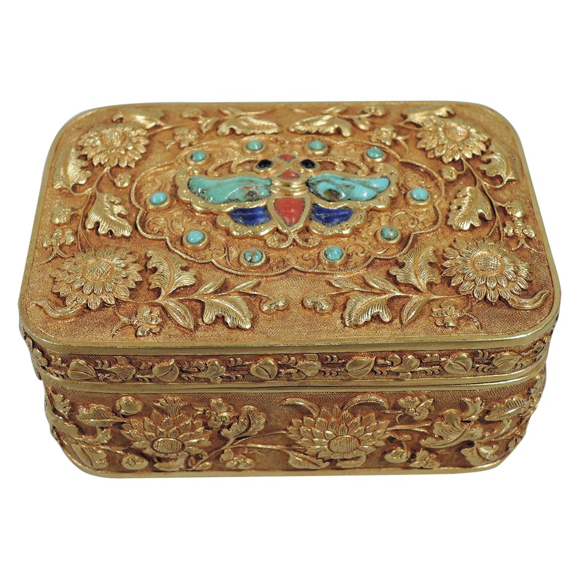Rare Antique Chinese 22 Karat Gold Box with Semi-Precious Stones