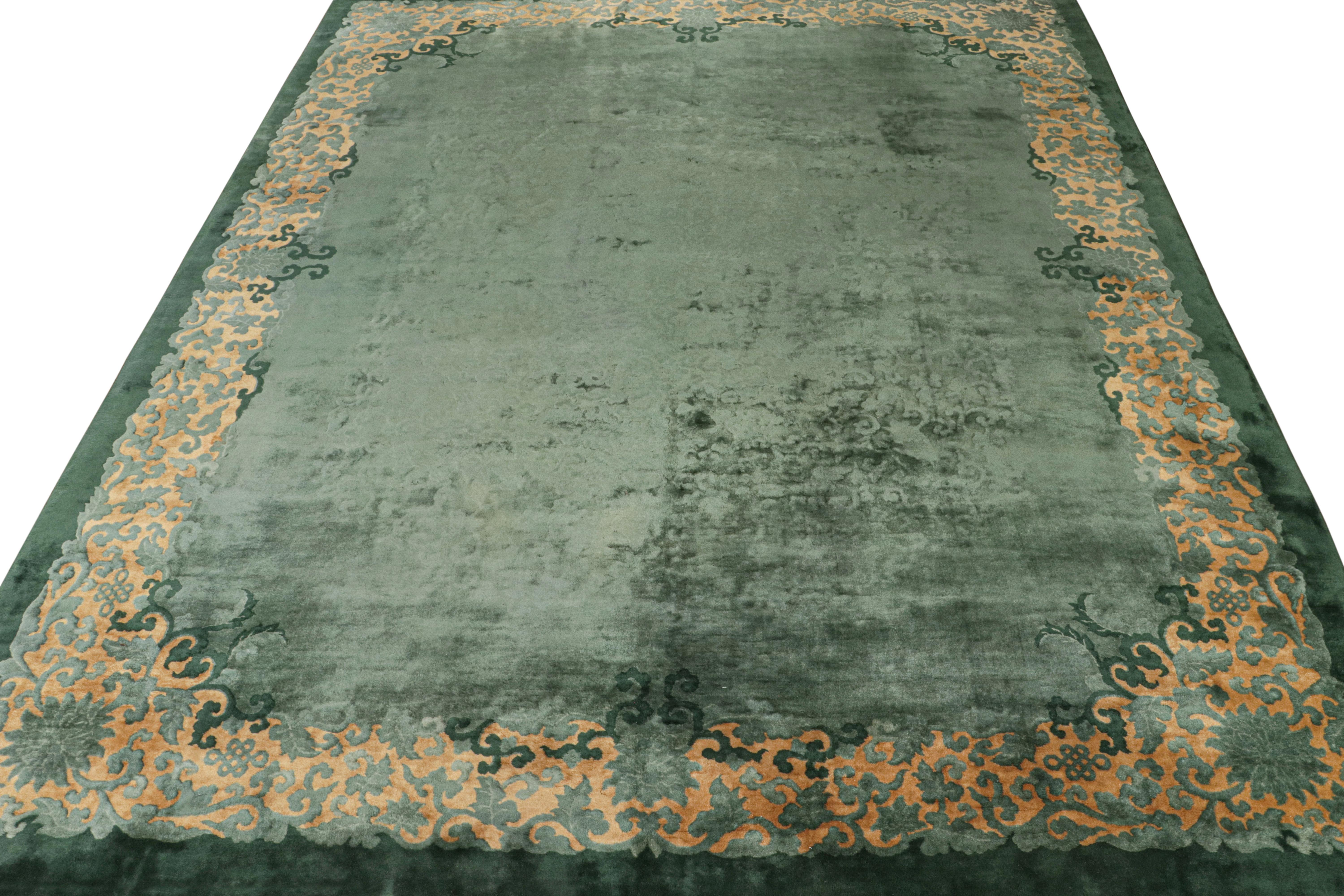 Wool Antique Chinese Art Deco rug in Green Open Field & Gold Border, from Rug & Kilim For Sale