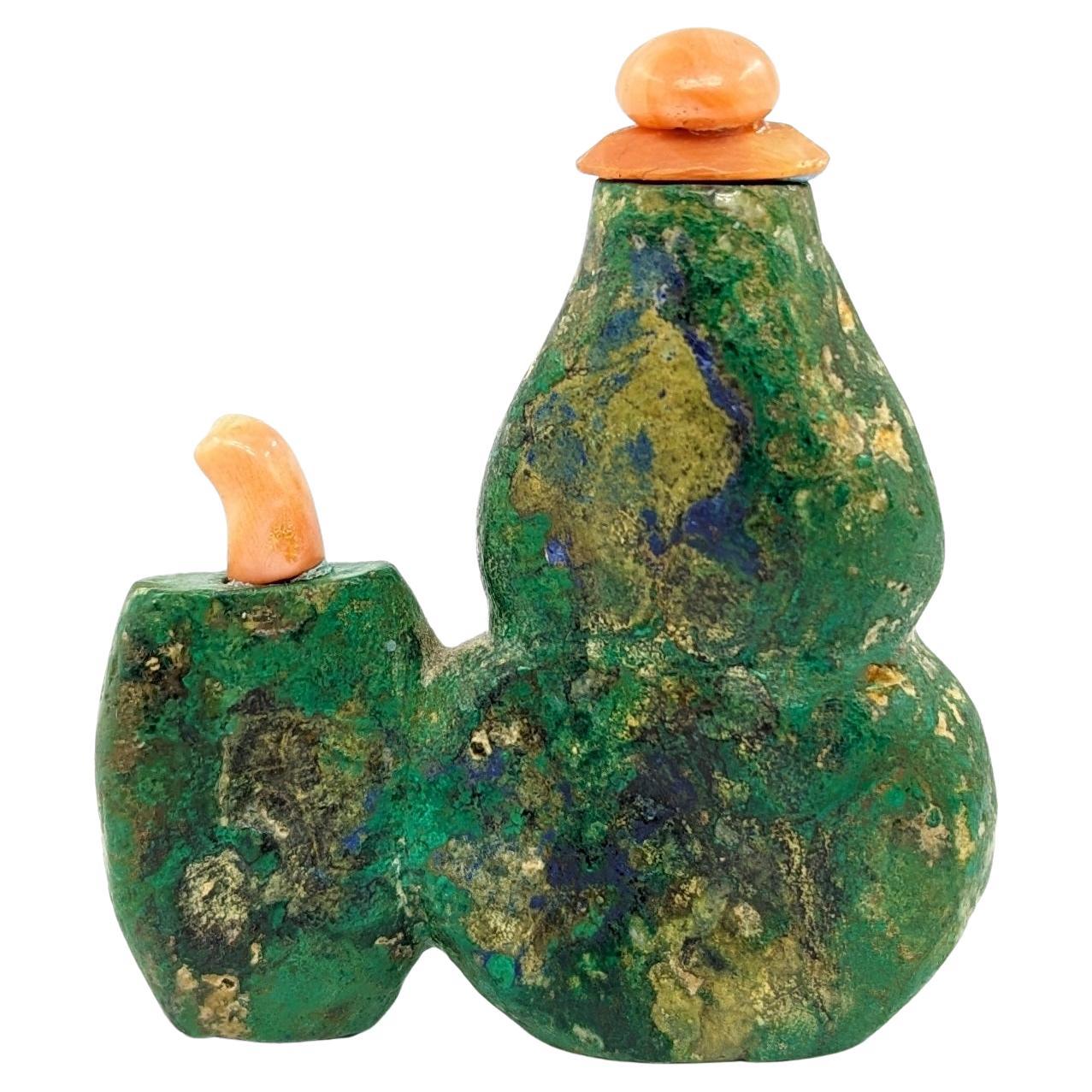 Hand-Carved Rare Antique Chinese Azurite Malachite Double Snuff Bottle 19c Qing Dynasty For Sale