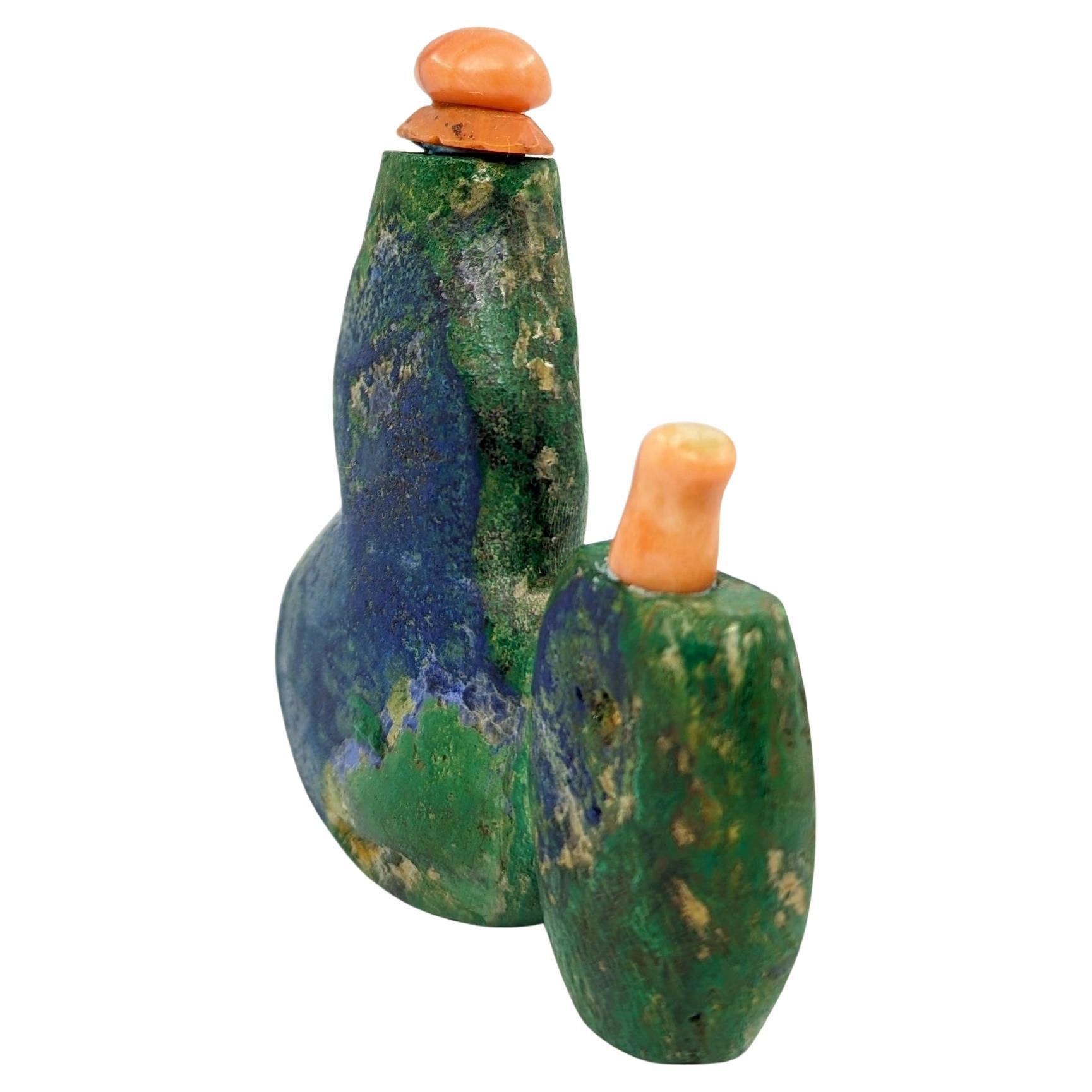 Rare Antique Chinese Azurite Malachite Double Snuff Bottle 19c Qing Dynasty In Good Condition For Sale In Richmond, CA