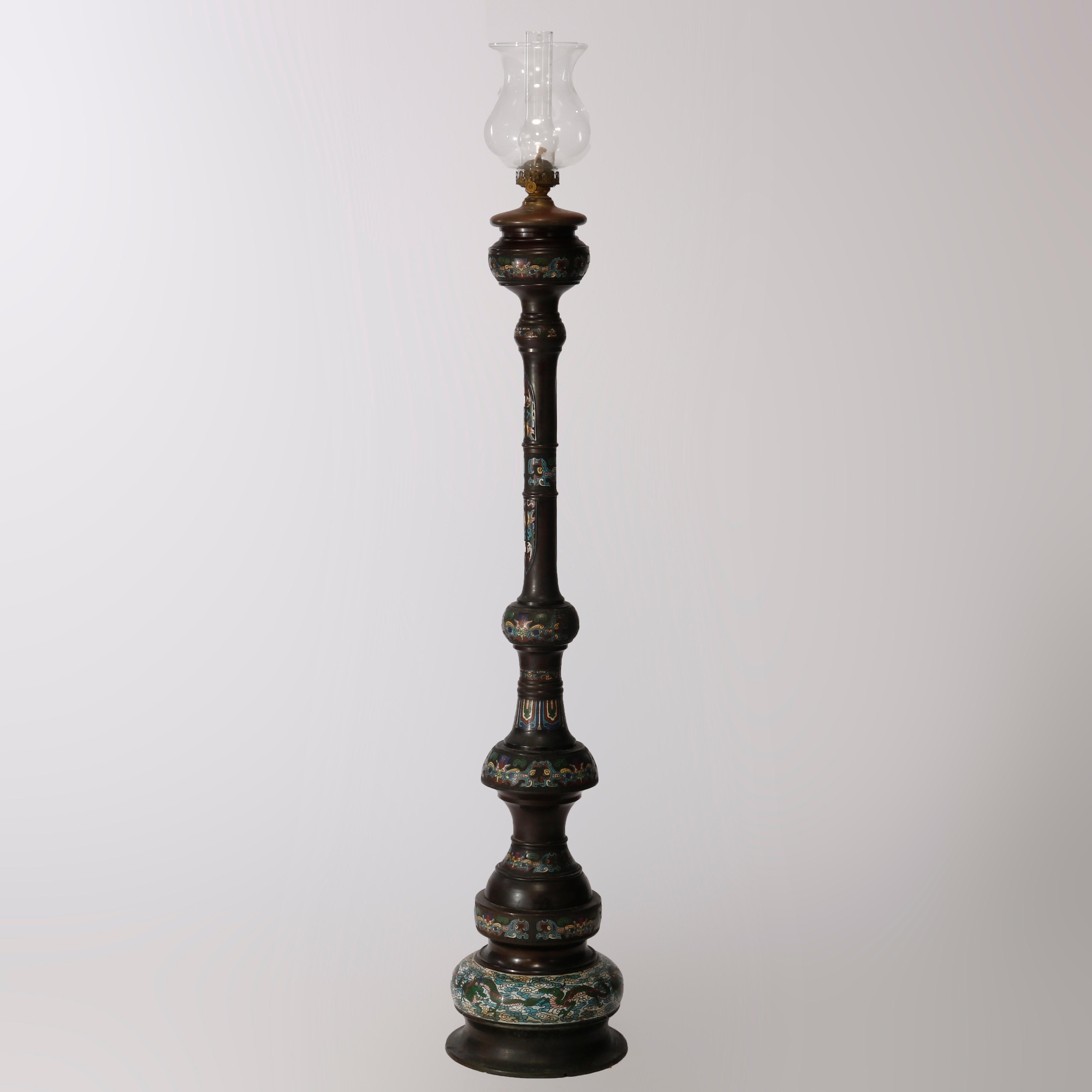 Rare Antique Chinese Bronze & Cloisonne Oil Floor Lamp, Dragon Motif, c1890 4