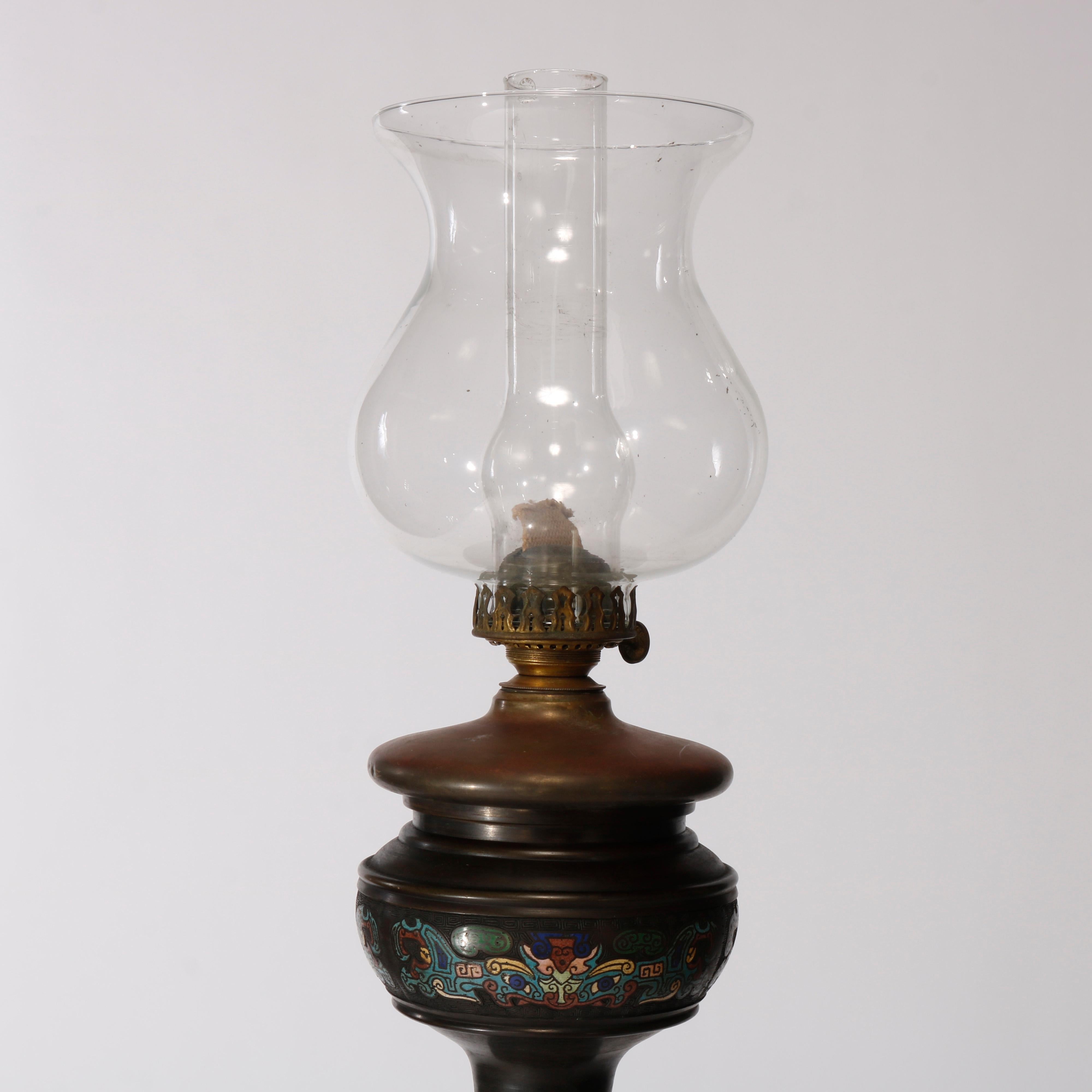 Rare Antique Chinese Bronze & Cloisonne Oil Floor Lamp, Dragon Motif, c1890 5