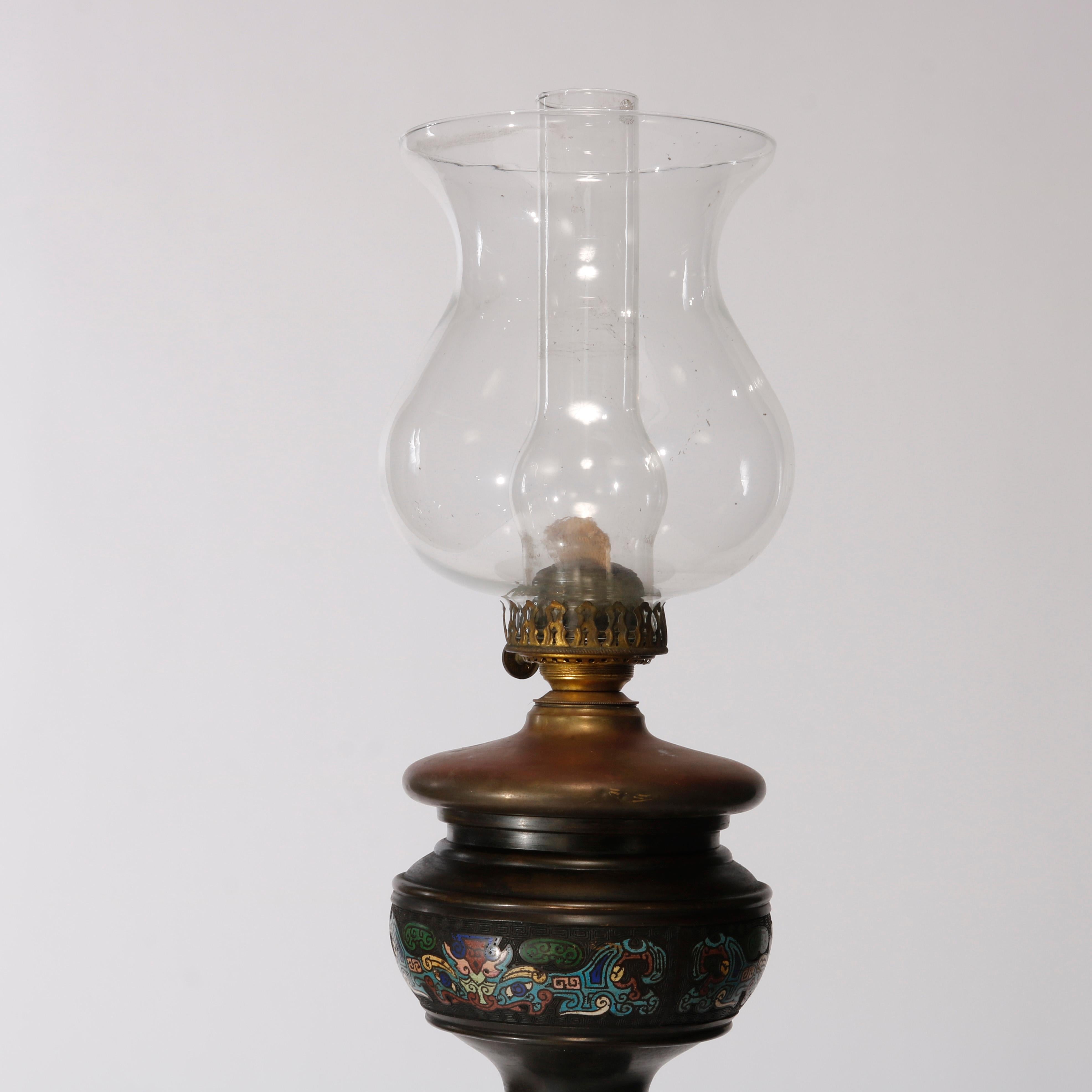 Rare Antique Chinese Bronze & Cloisonne Oil Floor Lamp, Dragon Motif, c1890 6