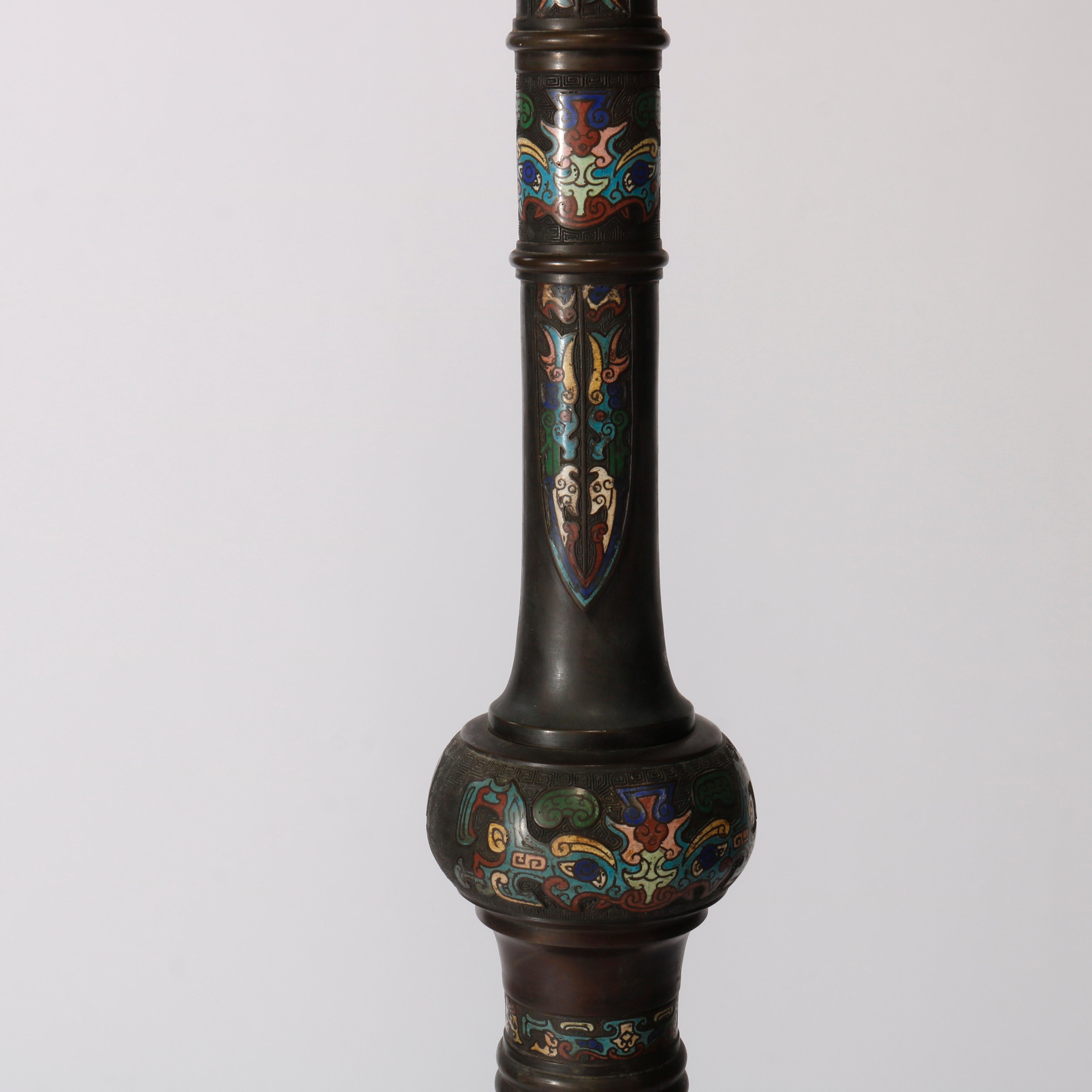 Rare Antique Chinese Bronze & Cloisonne Oil Floor Lamp, Dragon Motif, c1890 8