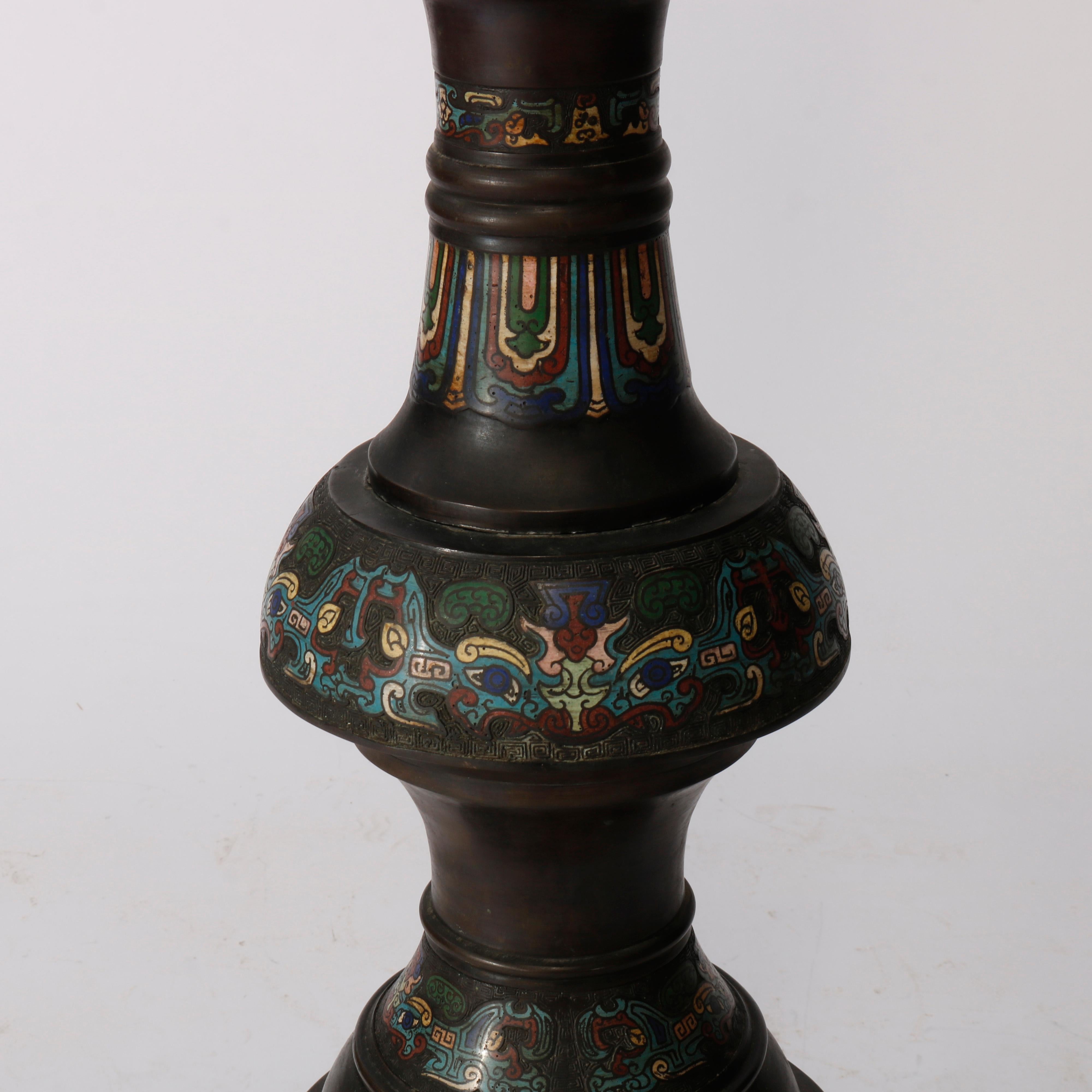 Rare Antique Chinese Bronze & Cloisonne Oil Floor Lamp, Dragon Motif, c1890 10